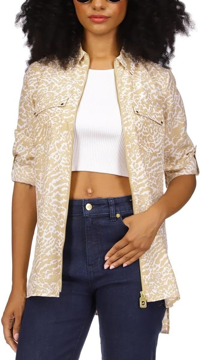 Michael Kors Women’s Animal Print Collared Zip Front Top Petite Size PXS NWT