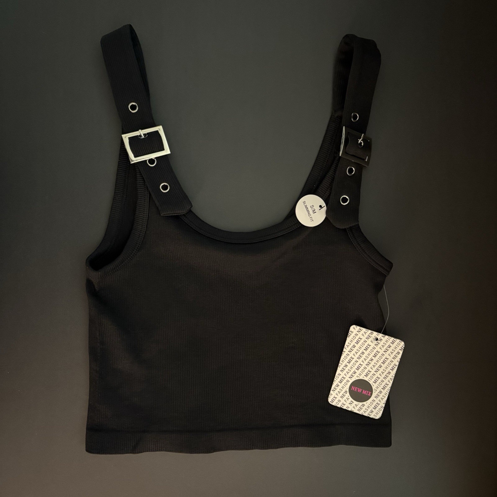 Mix Fashion Single Buckle Shoulder Strap Women’s Top Black Size S/M