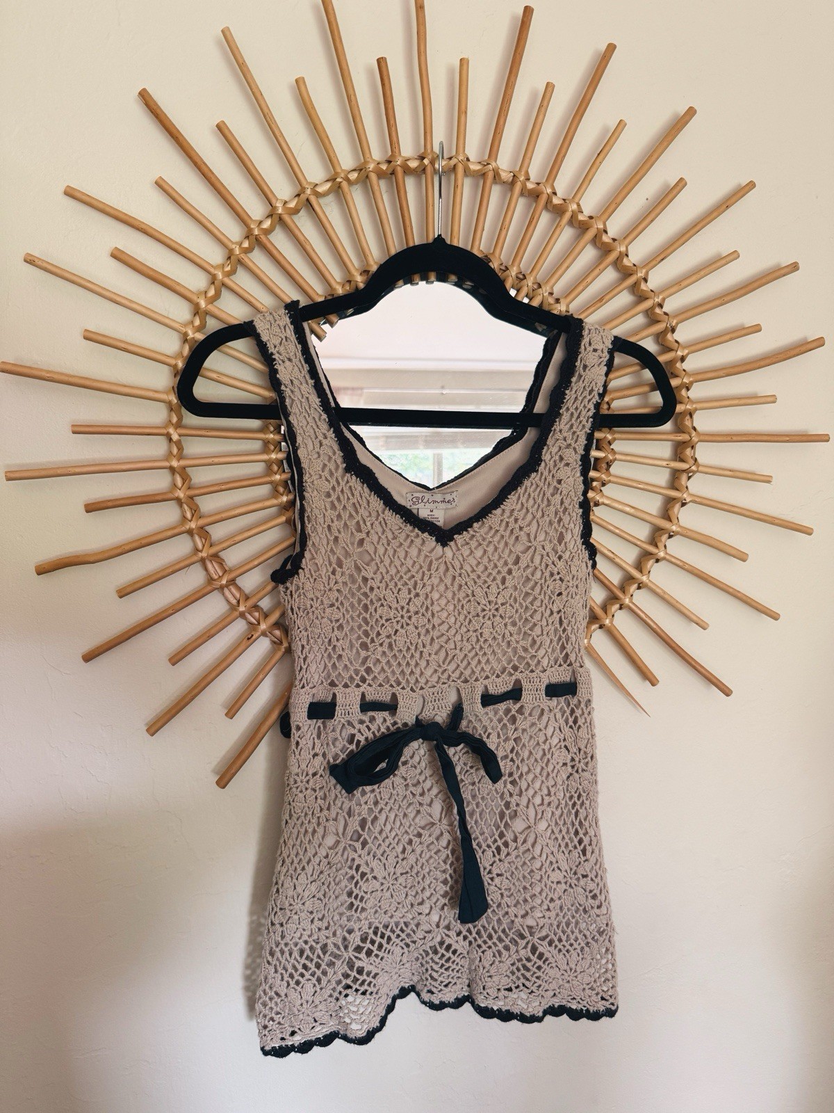 Vintage Y2K Glimmer Tan Crochet Cottage Core Tank with Black Tie Waist Size M