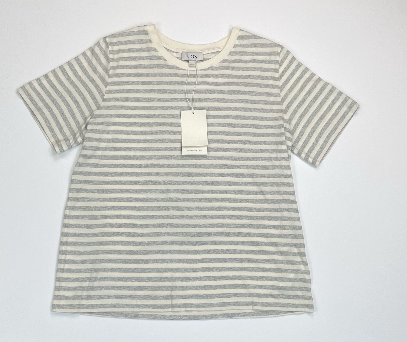 NWT COS Womens 24/7 Crew Neck Striped T-Shirt Sz L White Grey Cotton Tee Classic