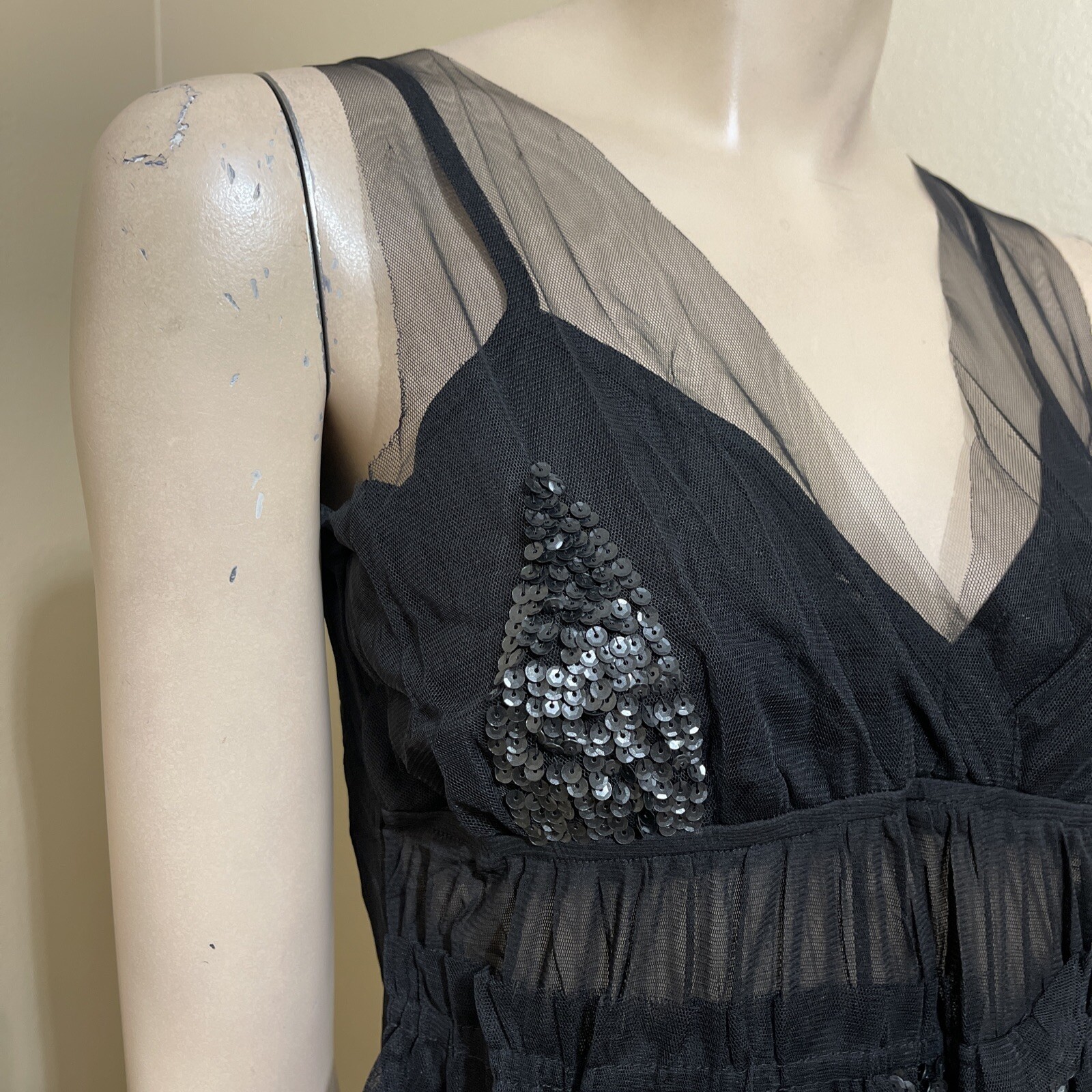 Women’s Black Polyester Cocktail Layered Lace Beaded Pleated Size L Blouse Top