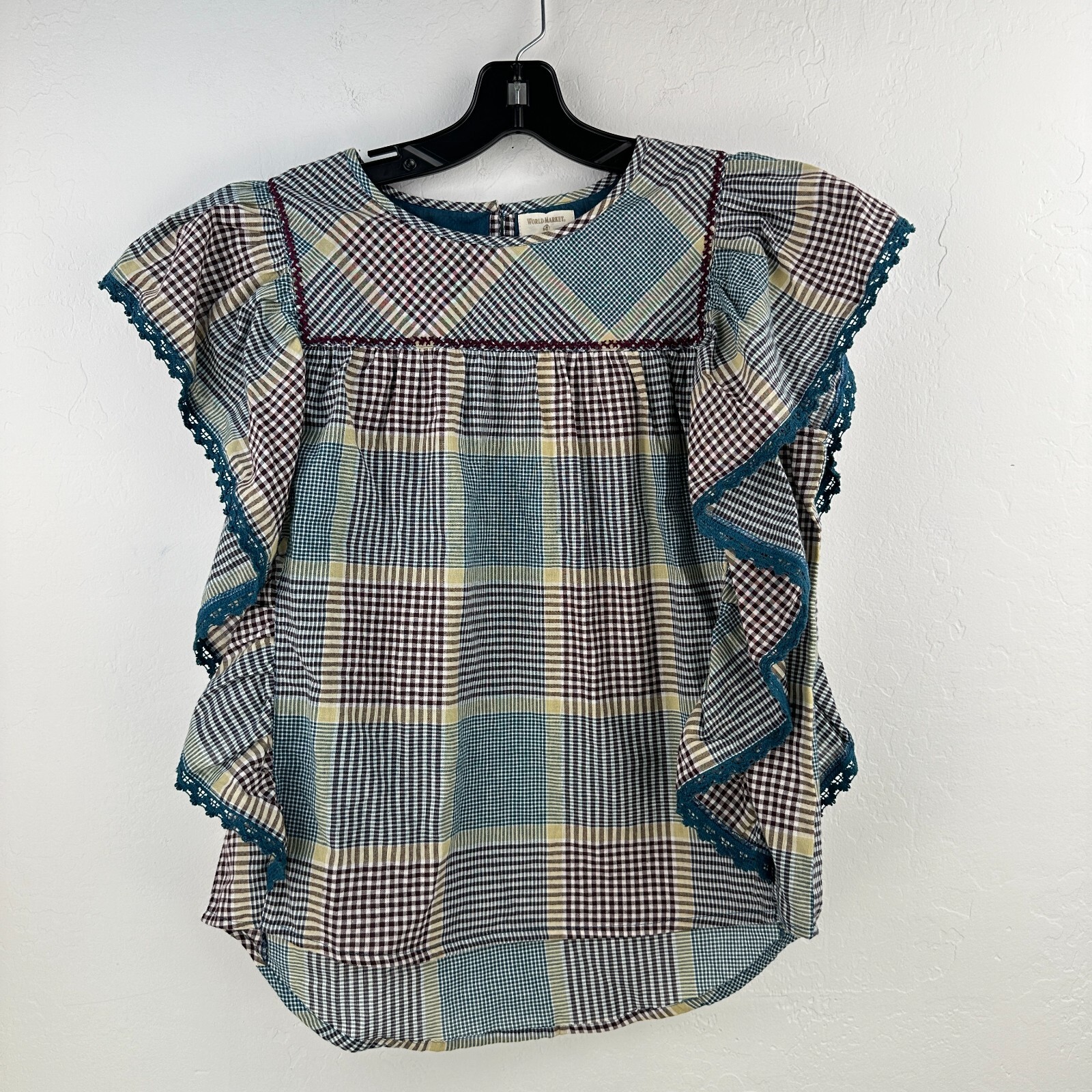 World Market Top Women Blouse S/M Pink Green Gingham Flutter Sleeve High Low NWT