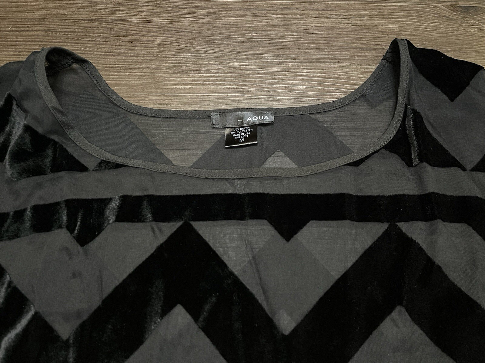 Aqua Medium Black Pattern Short Sleeve Sheer Fabric Rayon Blend Top