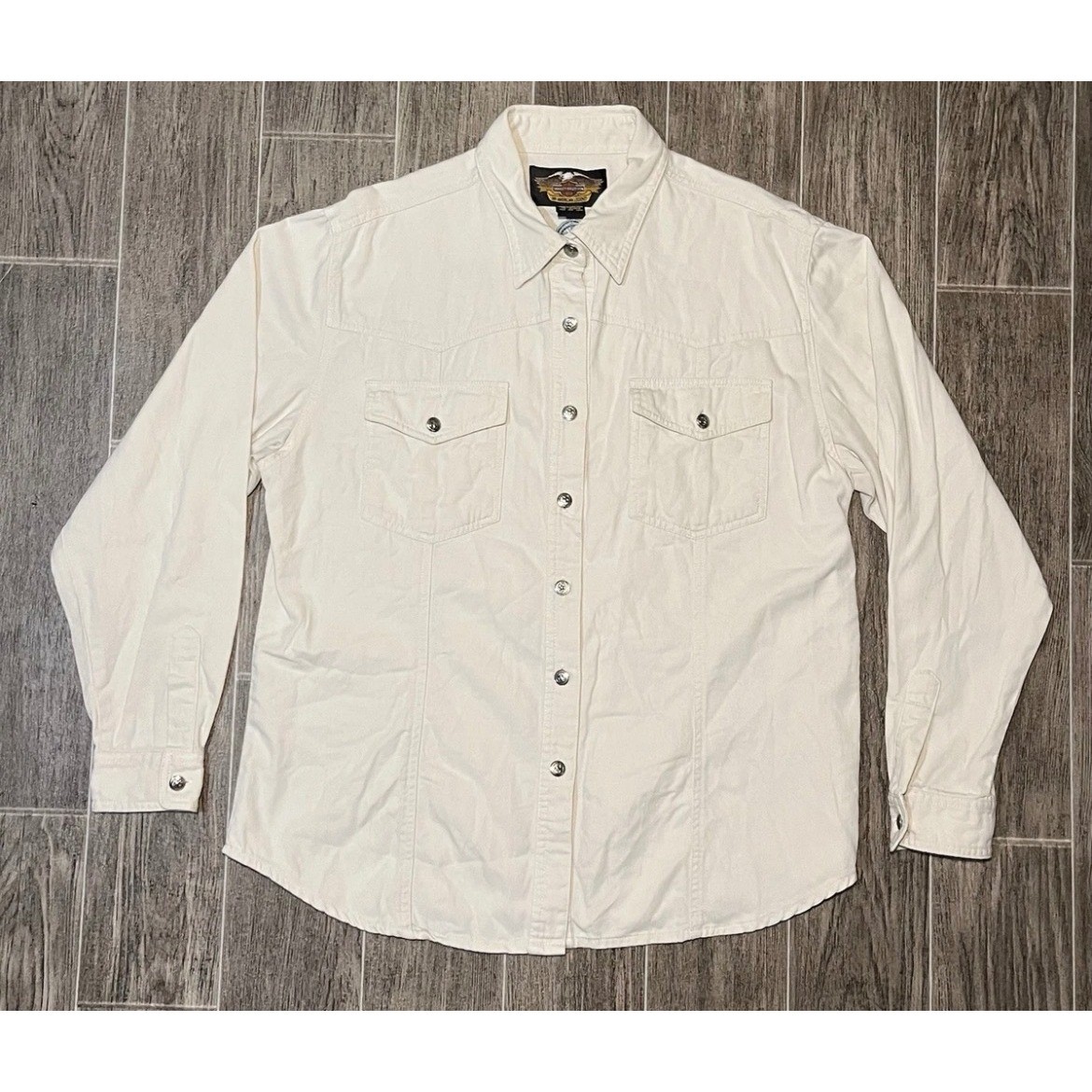Harley-Davidson Shirt Women XL Cream Embroidered Logo Western Biker