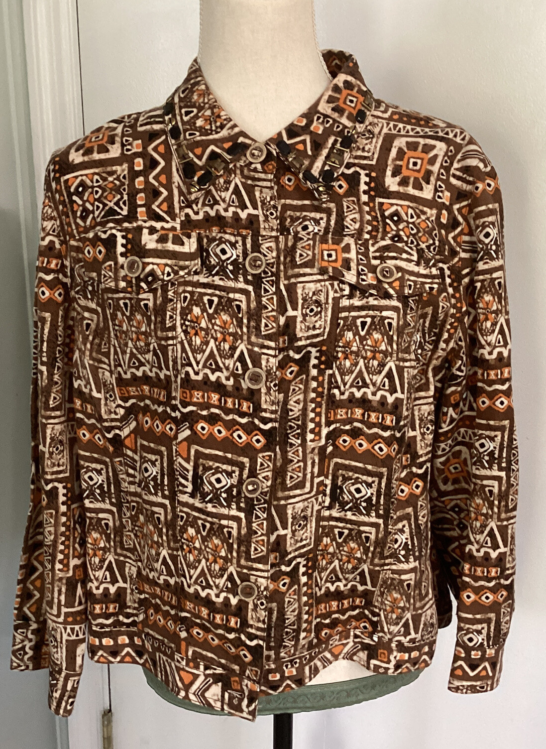 Ruby Rd. Ladies Jacket/Shirt 55% Linen 45% Rayon Front Button Earth Tones Sz 14