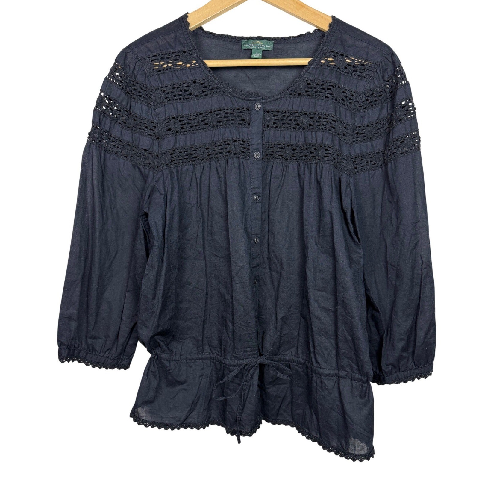 Lauren Jeans Co Ralph Lauren Blouse Womens L Black Crochet Lace Boho Peasant