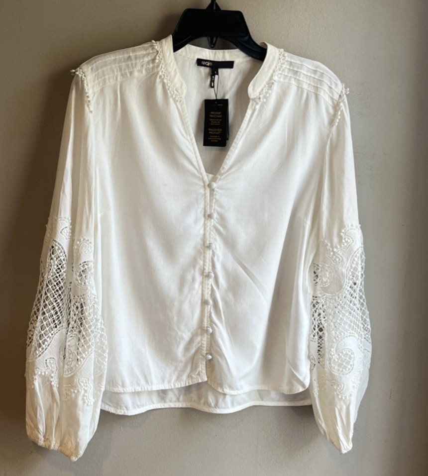 Maje women’s Embroidered Sleeve Ecru Top Blouse – size Small / 1 FR- retail $370