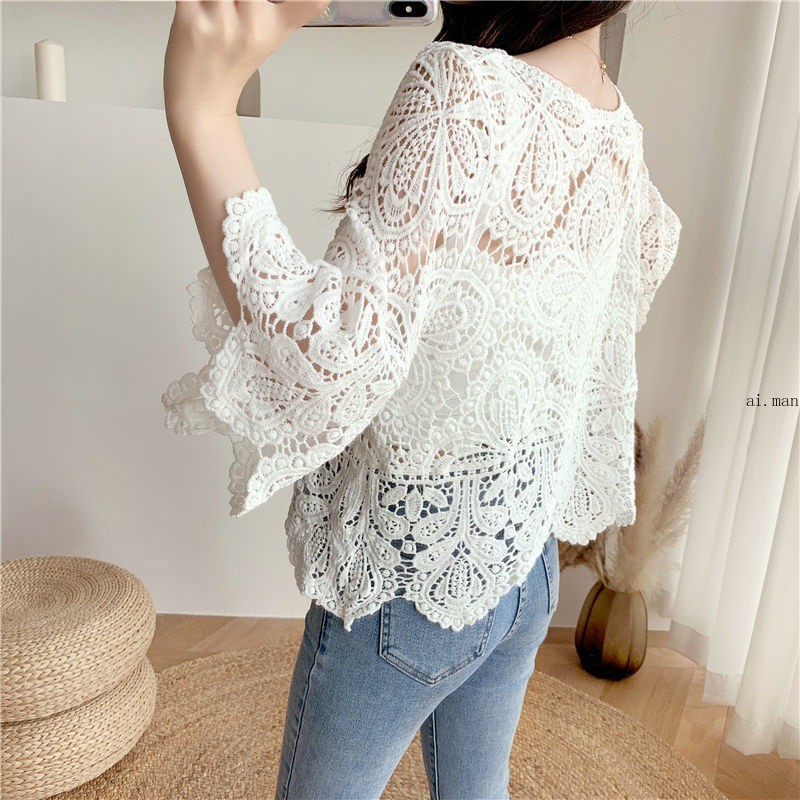 Women Crochet Crop Top Half Sleeve Hollow Bolero Shrug Shawl Sun Protection Top