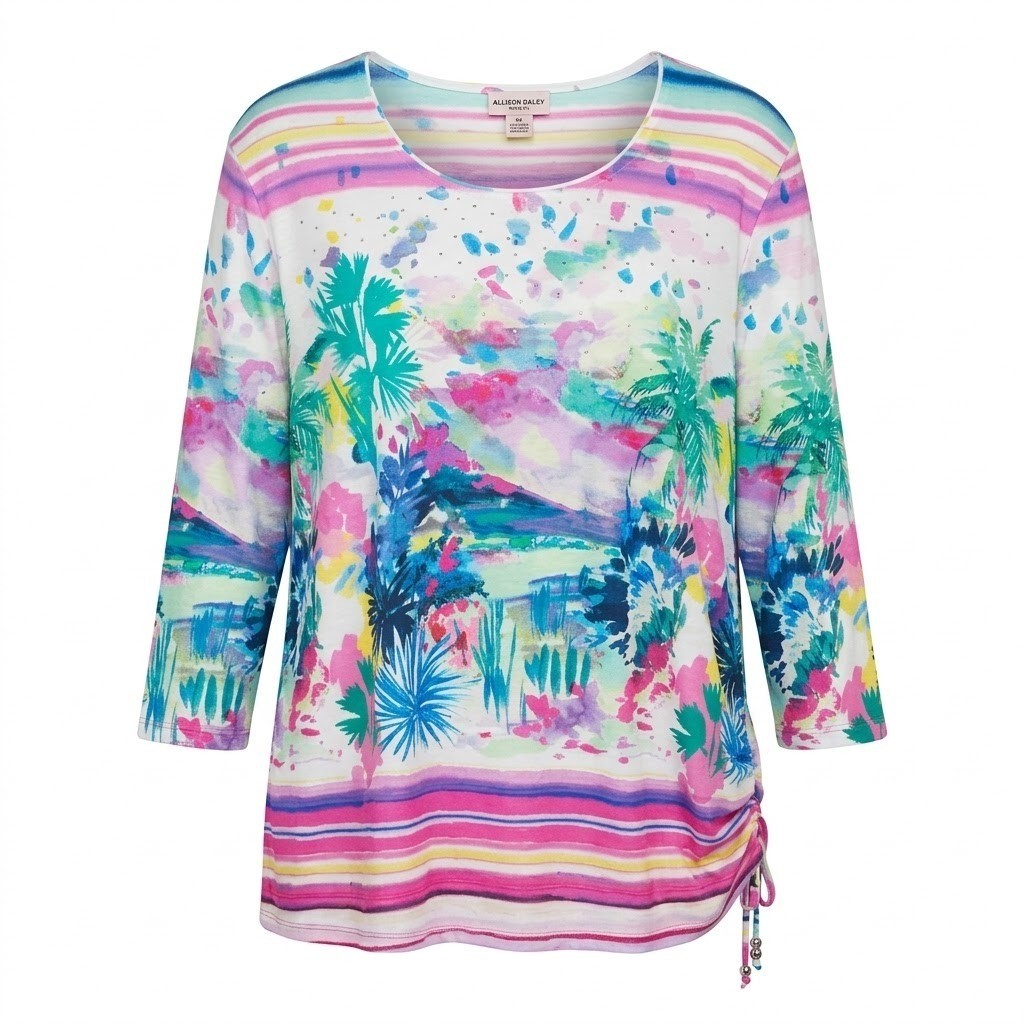 NEW Allison Daley Woman 3X Pink Tropical Palm Tree 3/4 Sleeve Cinch Side Top