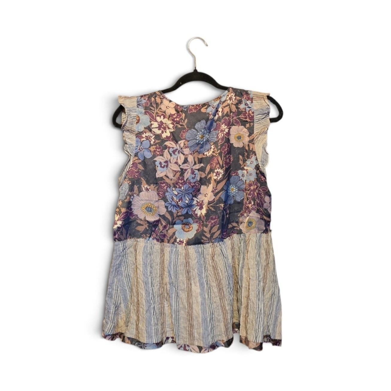 Mystree Womens Floral Stripe Mixed Media Peplum Top Tassel V-Neck Sleeveless M