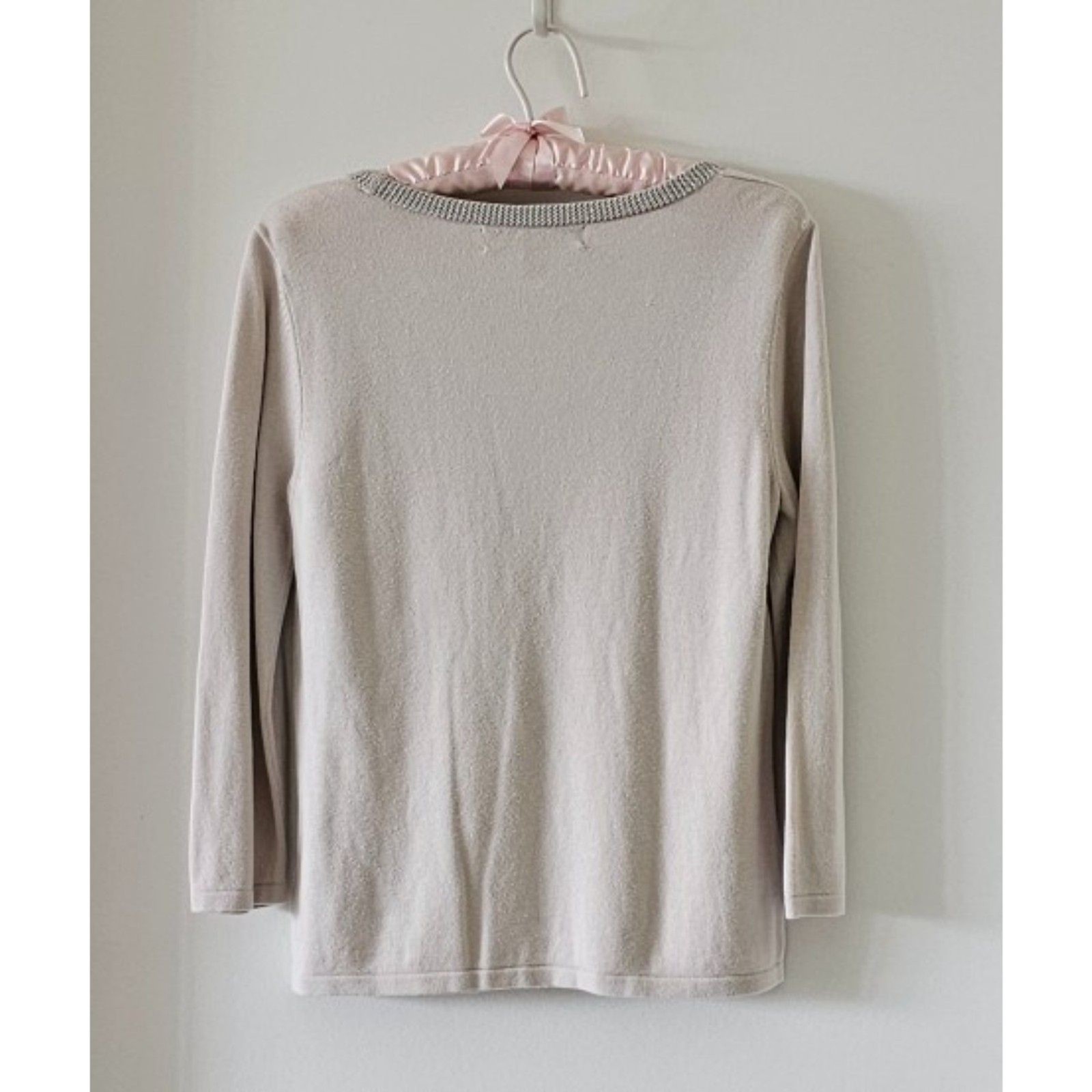 Kasper Gray Top Blouse Size M Long Sleeve Embellished Round Neck