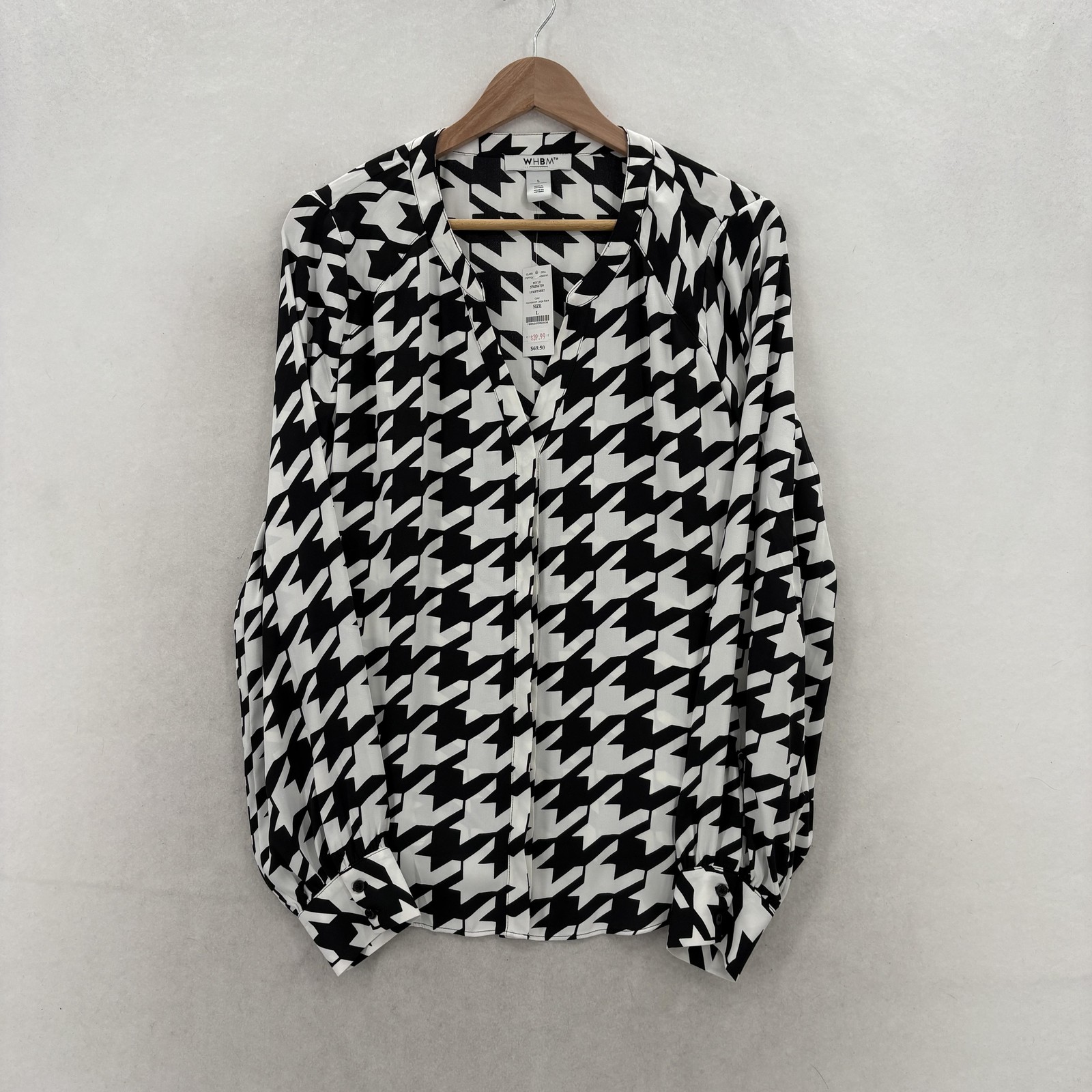 WHBM Blouse Womens Large Black Houndstooth V Neck Button Long Sleeve Top NWT