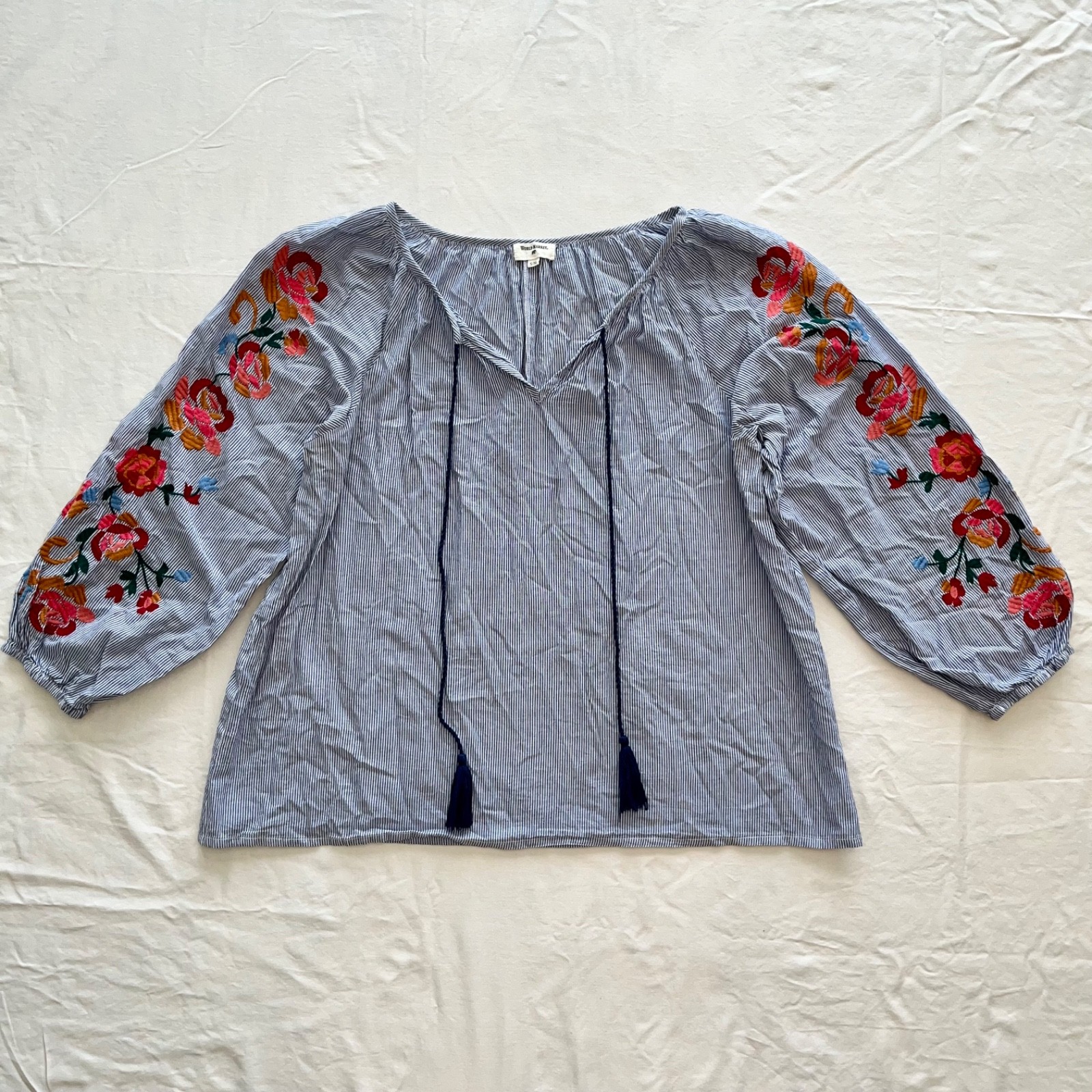 World Market Women’s S/M Top Floral Embroidered Tassel Pinstripe Boho Peasant