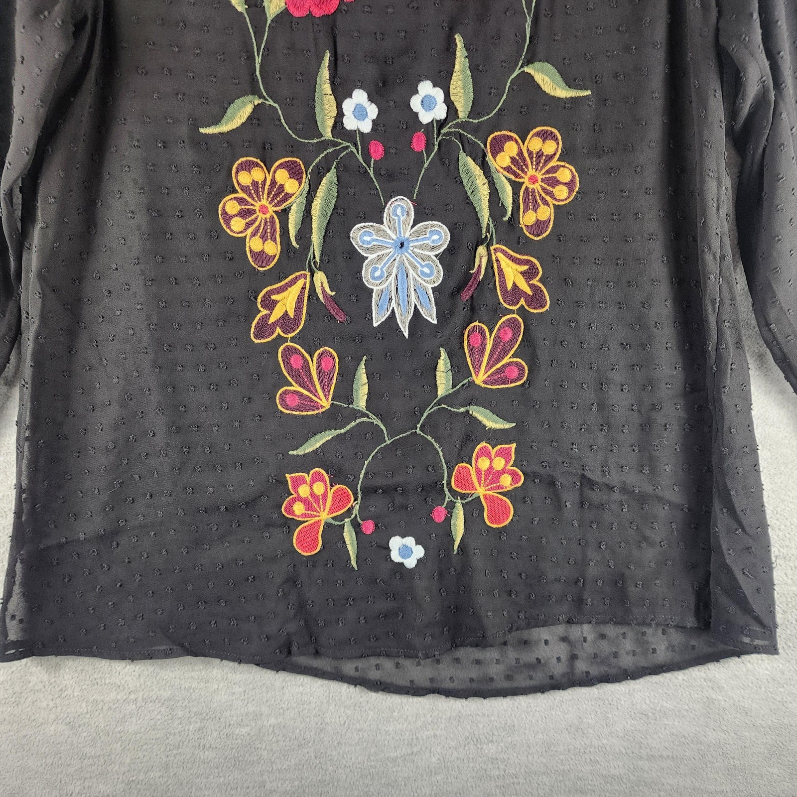 Grace Elements Blouse Womens Small Black Sheer Swiss Dot Embroidered Floral Boho