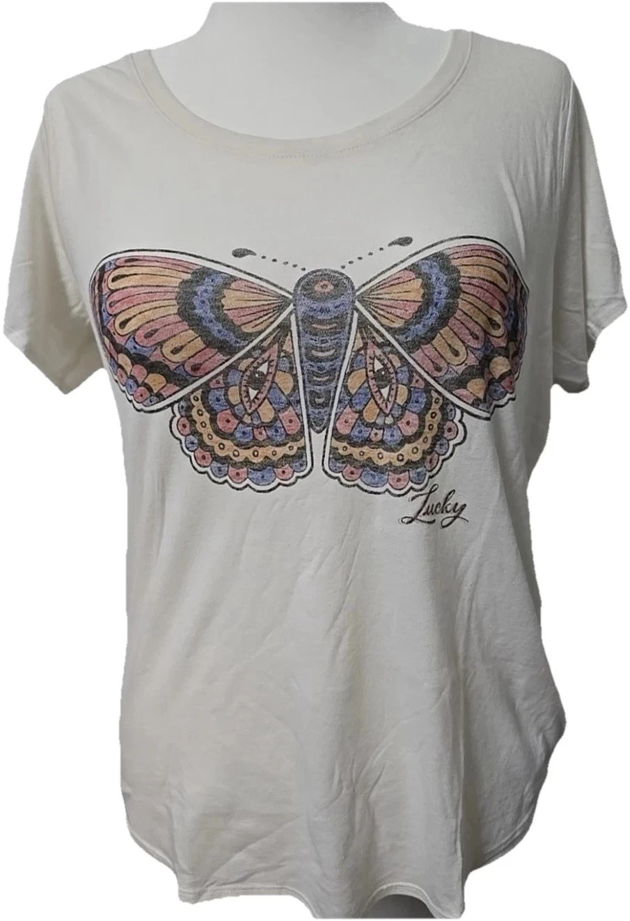 LUCKY BRAND NWT Women’s Marshmallow Butterfly Graphic T-Shirt Size Large