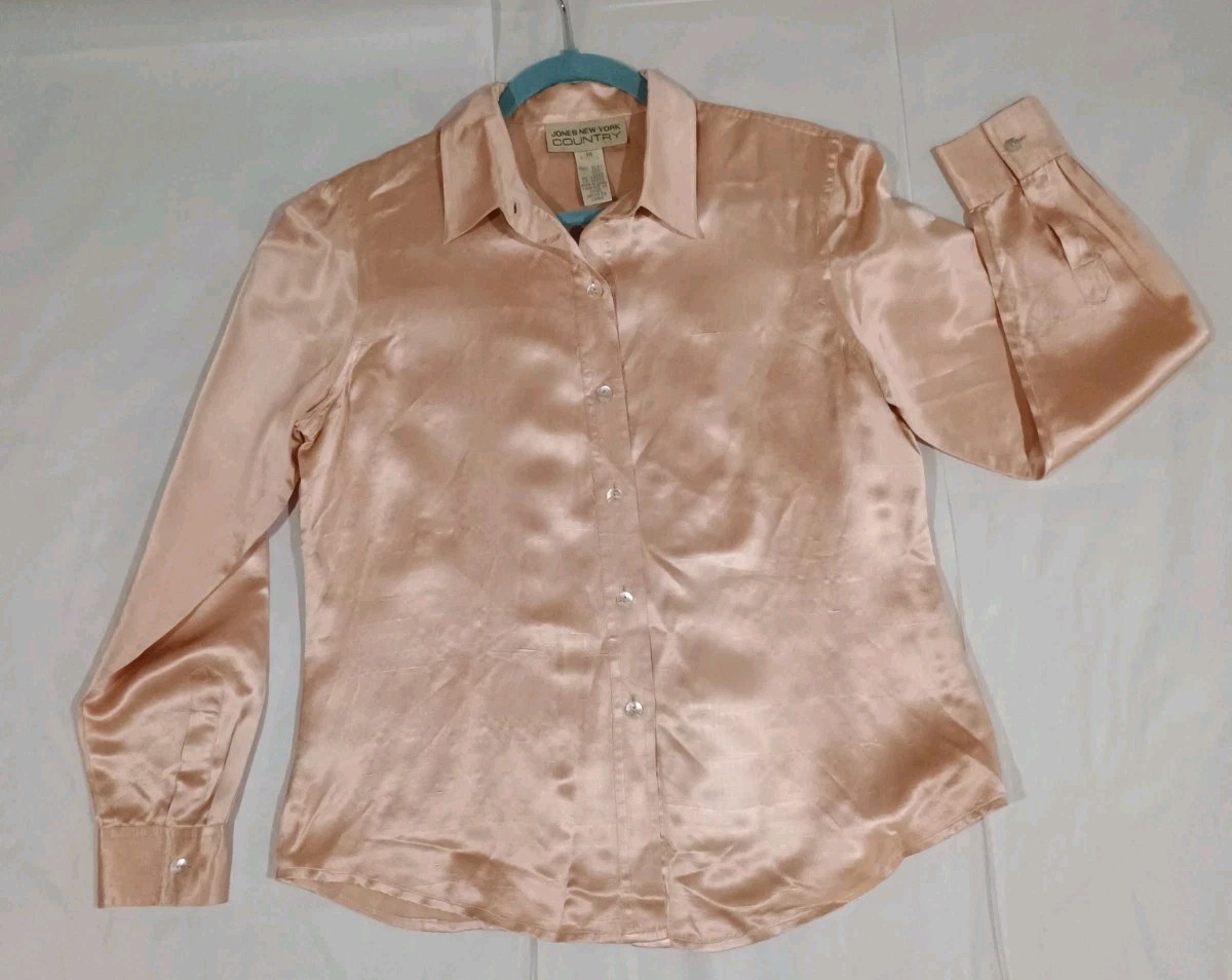 VTG Jones New York Country Silk Blouse Pink Peach Satin Button Up Size 10