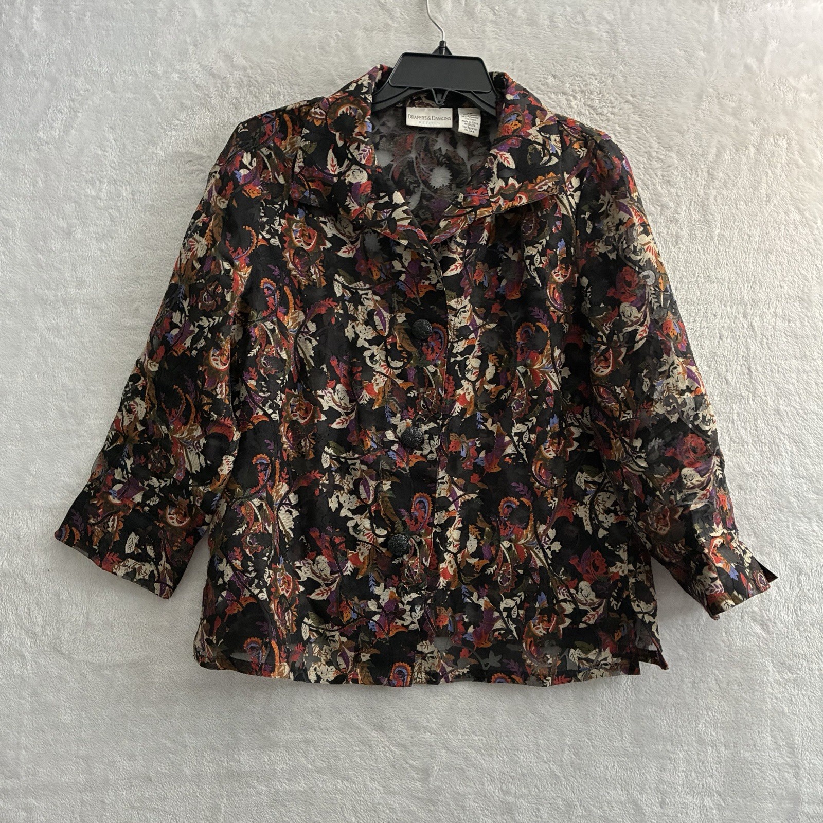 Draper’s And Damons Womans Button Up Top Multicolor Floral PM Linen Blend Sheer