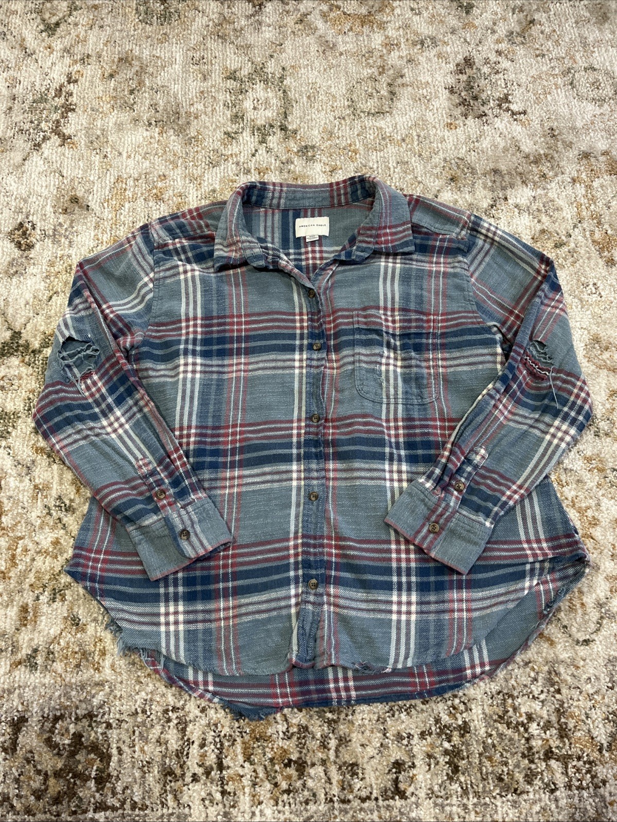 American Eagle Flannel Shirt Top Women’s Medium Blue Plaid Destroyed Grunge
