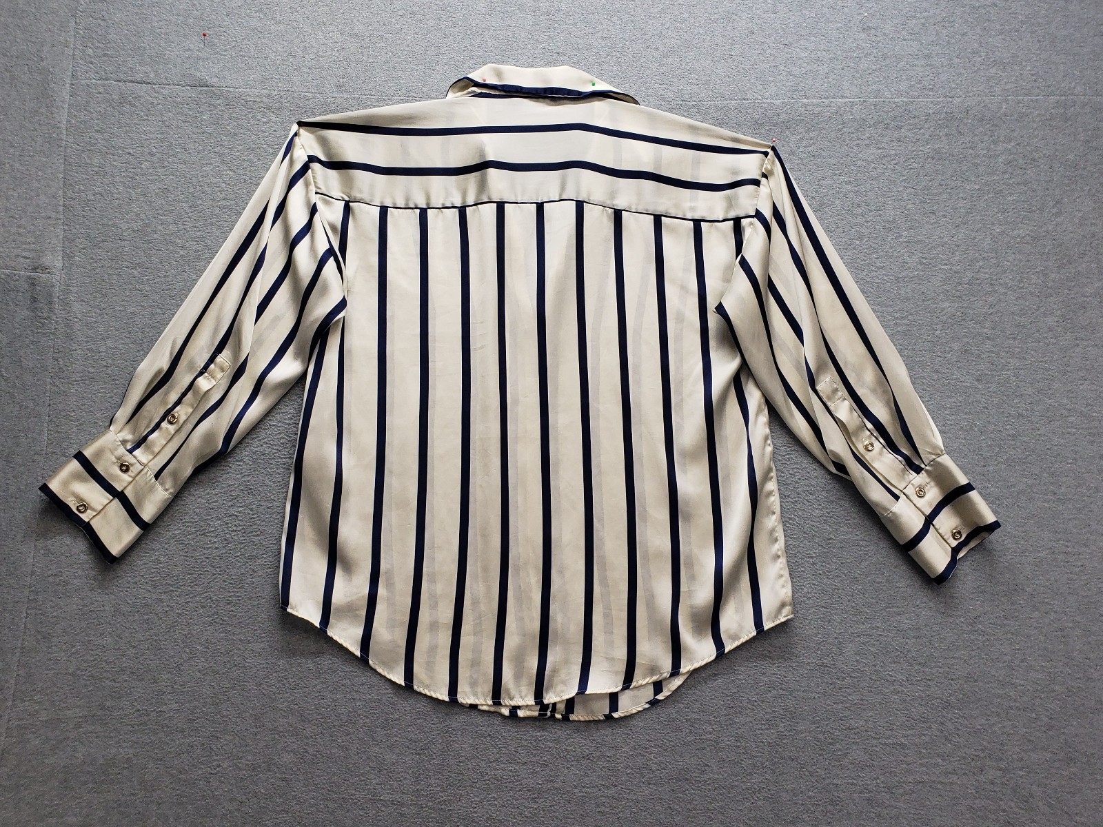Zara Women Tops S Cream Navy Blue Striped Button Front Collared Long Sleeve City