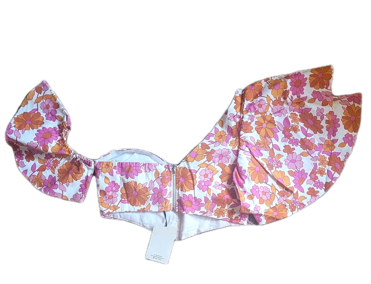 Klesis Floral Puff Sleeve Crop Top Pink Orange Retro Flower Power Festival Large