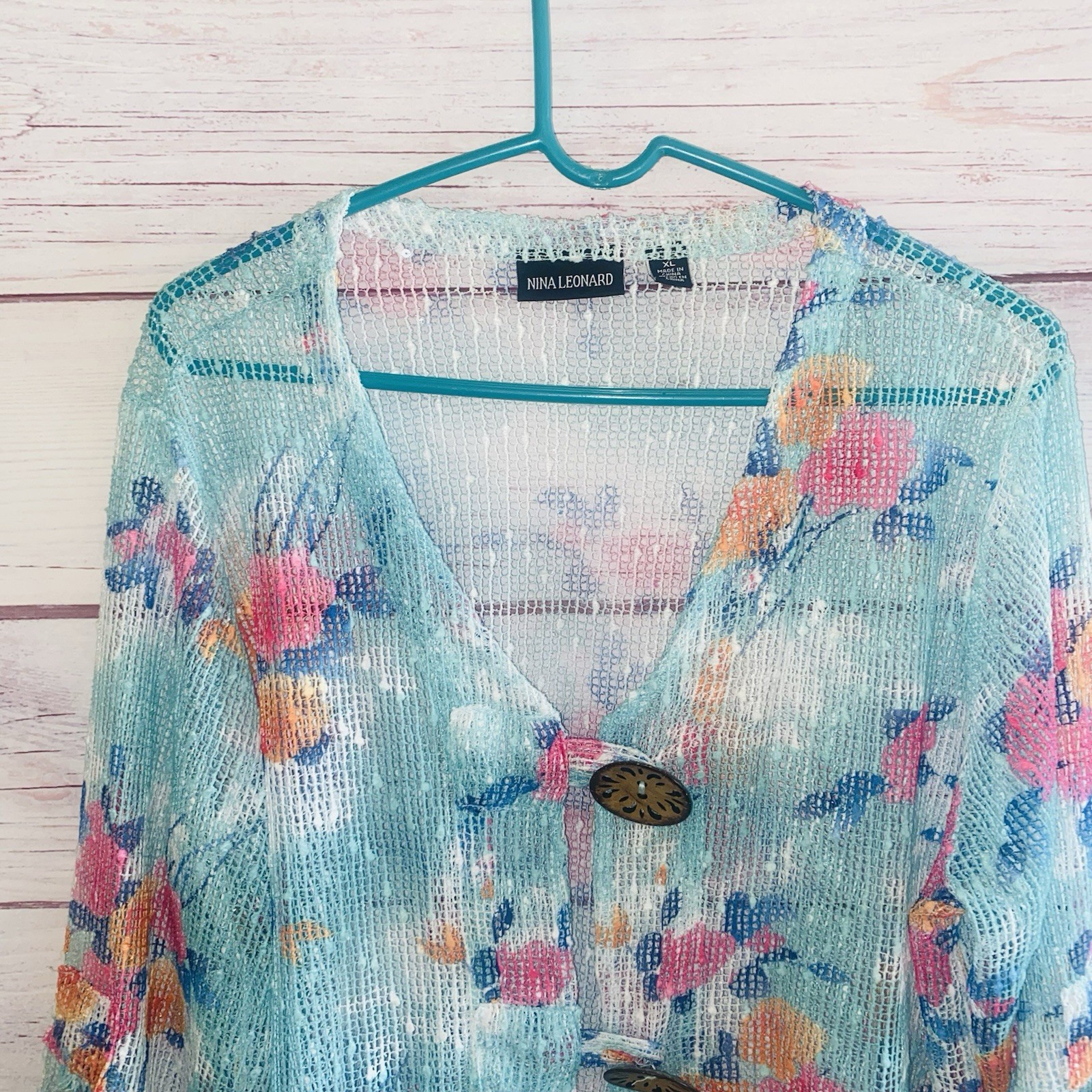 2 Nina Leonard XL Floral Open Knit Cardigans Sheer Bell Sleeve Cover Ups B47
