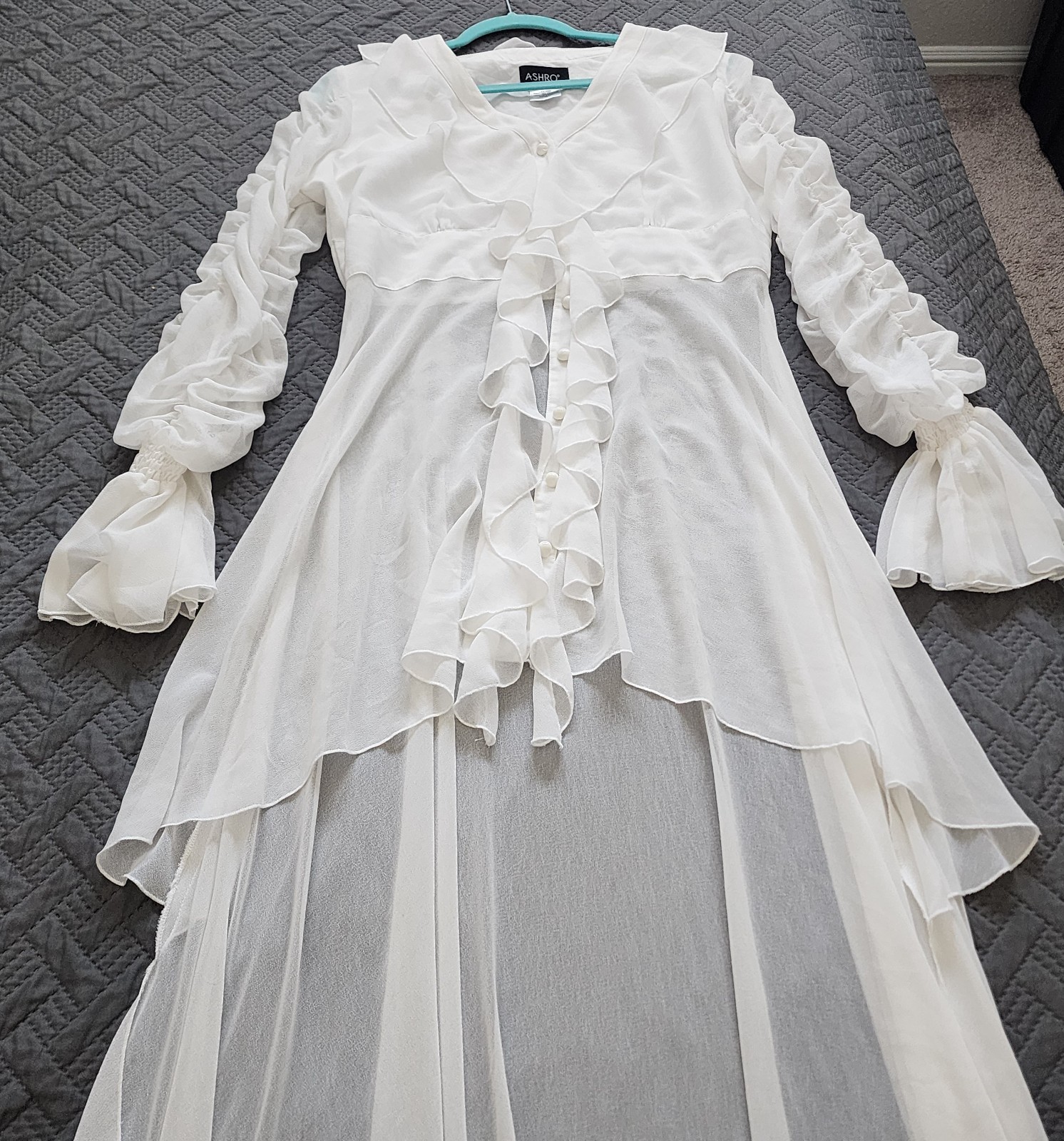 ashro high-low Formal ruffled white sheer blouse. Medium
