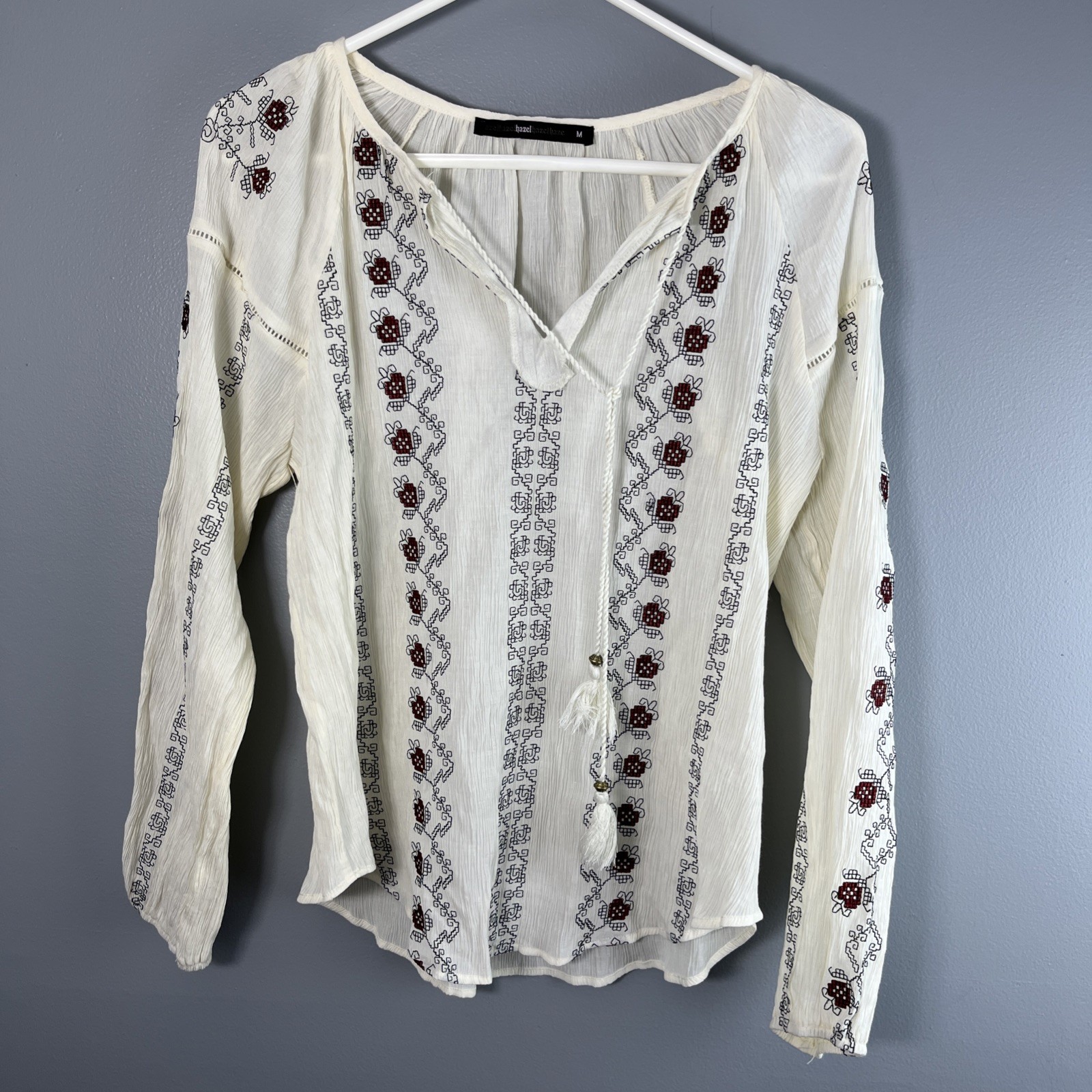 Hazel Woman’s Bohemian Peasant Top Size Medium White Floral Hippie Witchy