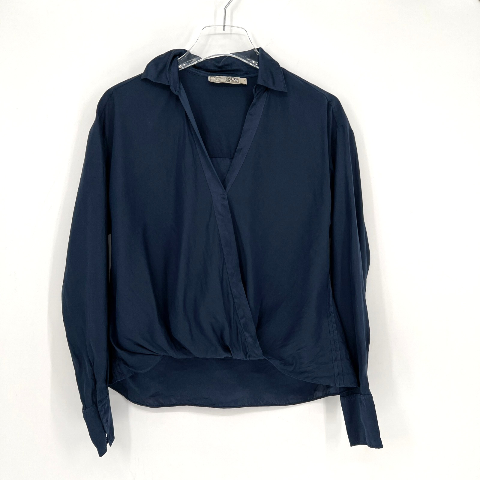 Go Silk Top Womens S Navy Blue Silk V Neck Elevated Basic Simple Classic Career