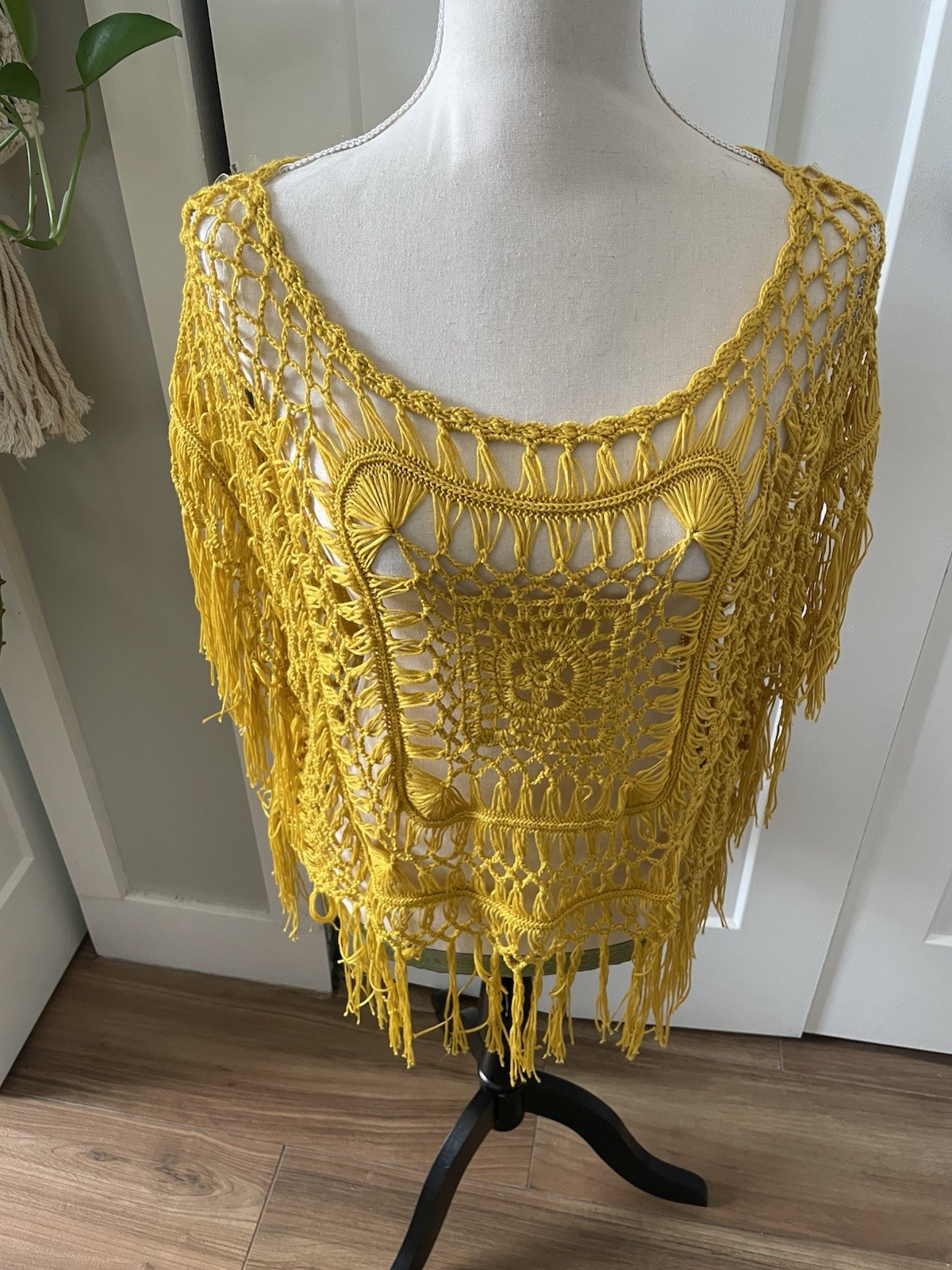 Deep sugar Crochet Mustard Fringe Poncho Cover Up Boho Festival Beach Medium
