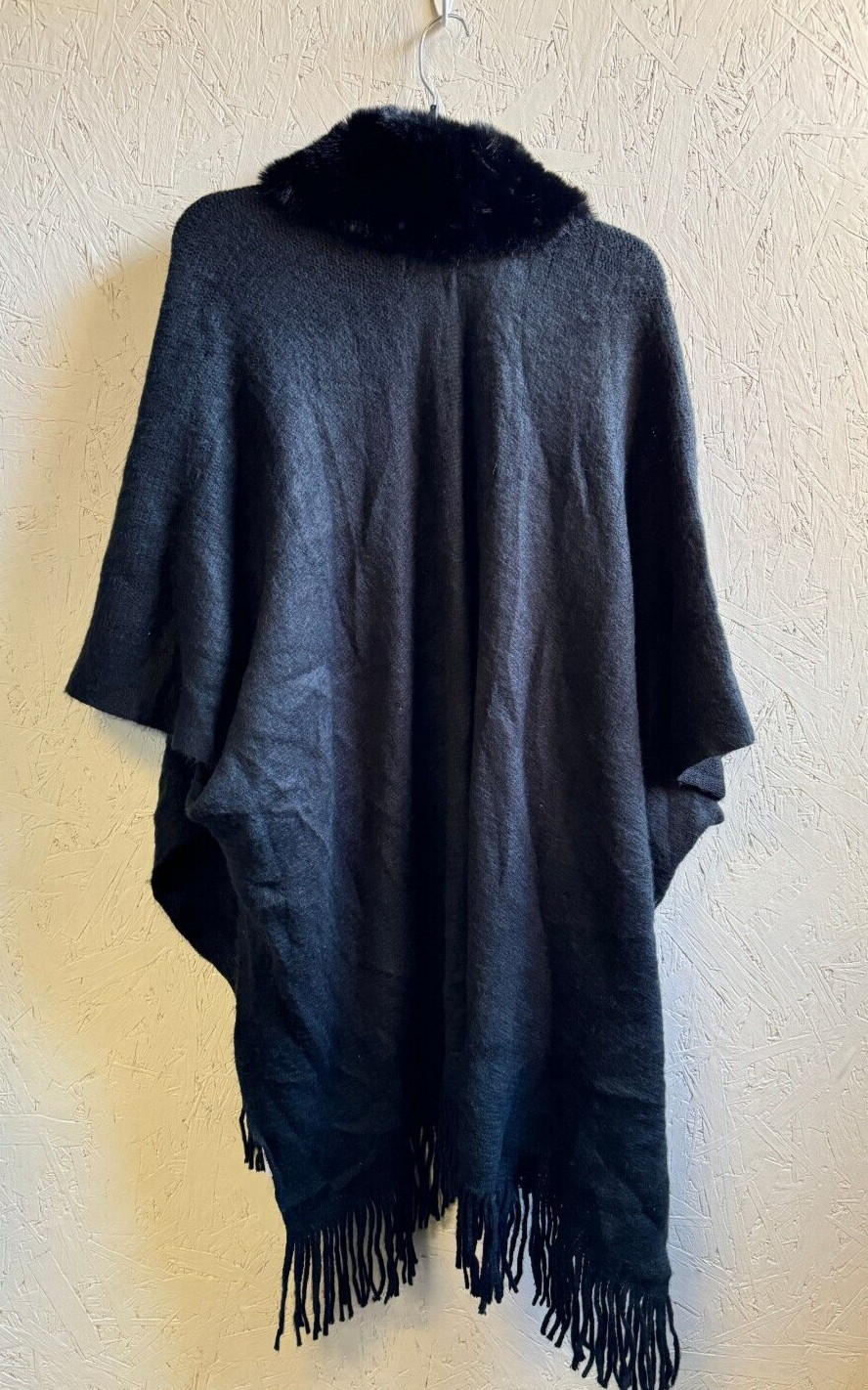 INC Inter. Concepts faux-fur trim fringe open front ruana poncho topper – Black