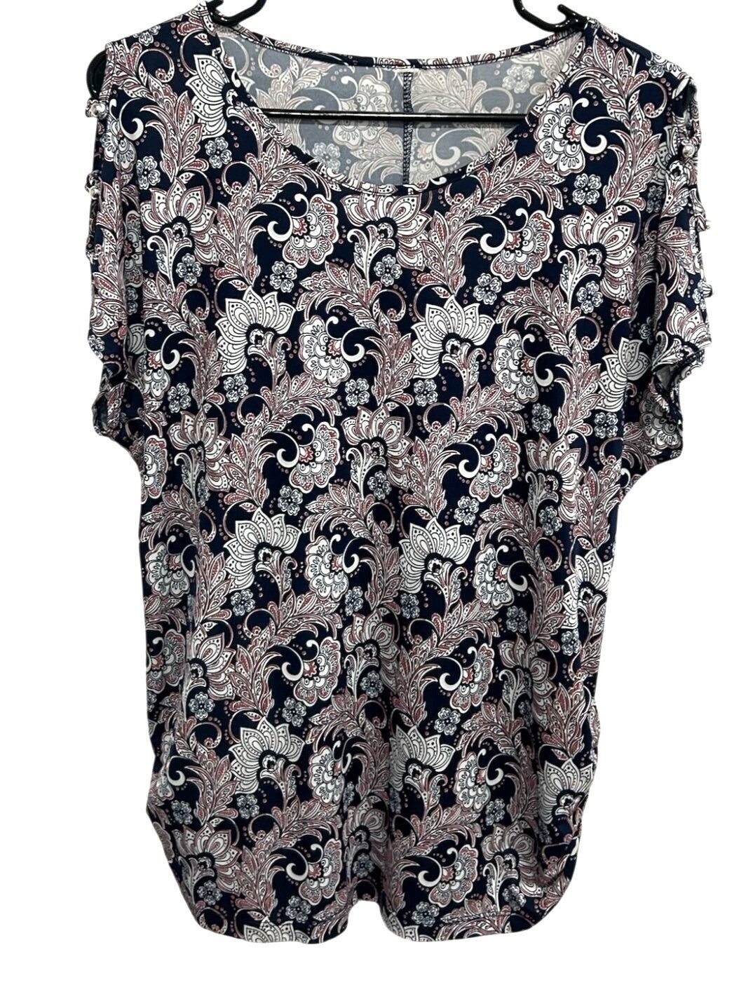 Large Paisley Cold Shoulder Sleeve Top Button Ruched Sides Boho Floralcore
