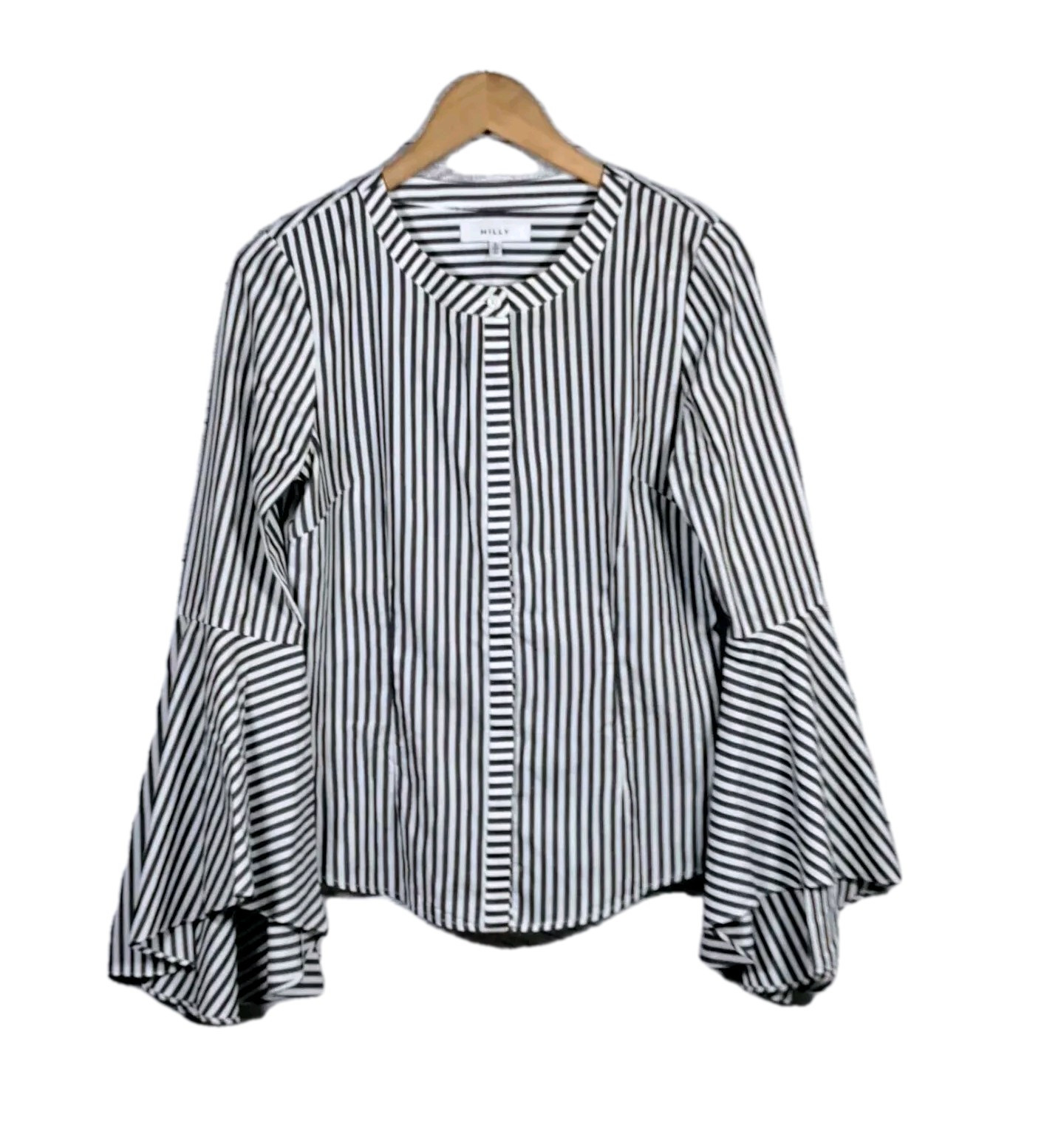 Milly Blouse Womens 2 Charcoal Gray White Striped Bell Sleeve Michelle Button