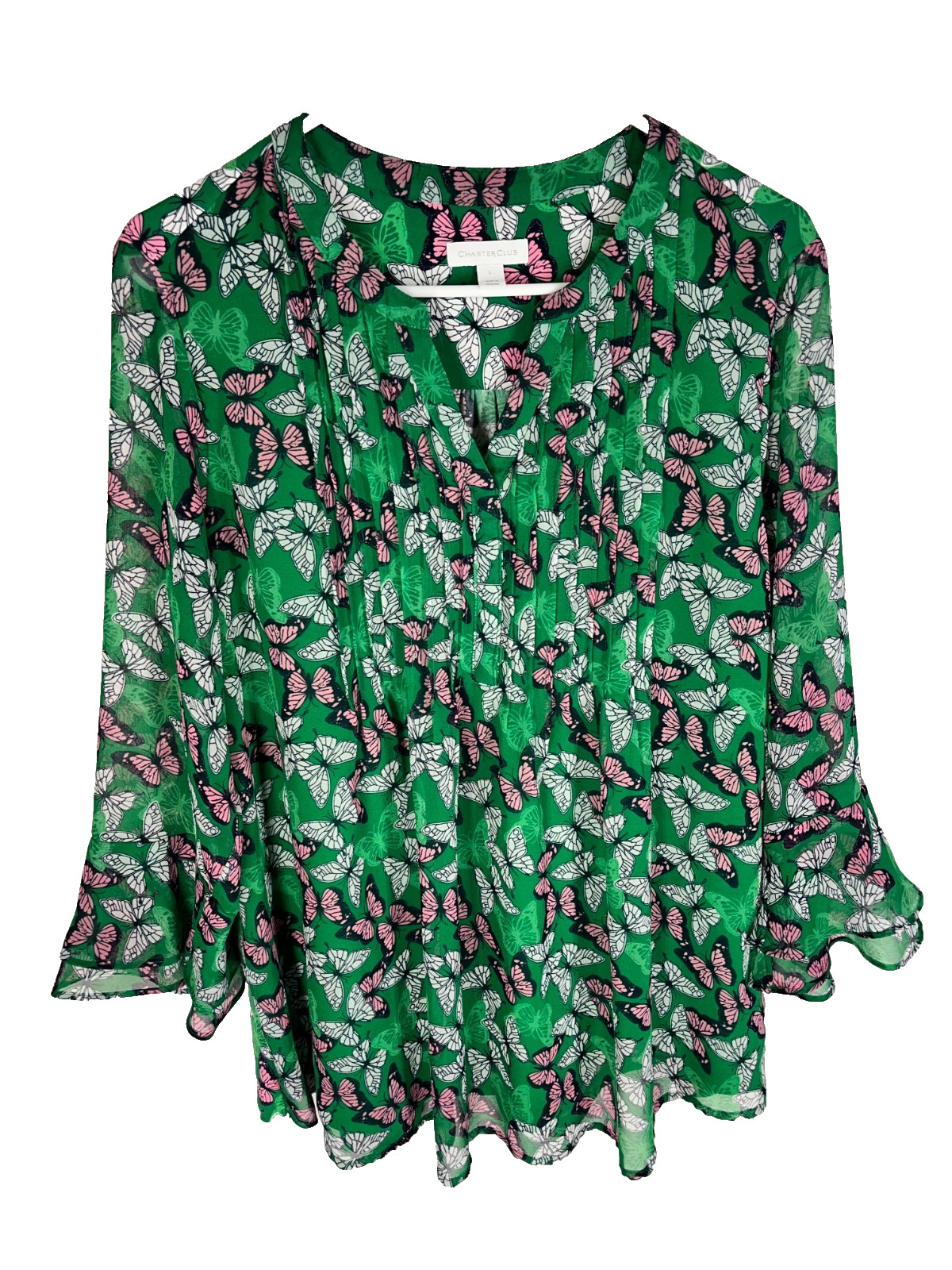 Charter Club Top Womens Large Green Pink White Butterfly Bell Sleeve Pleated NEW
