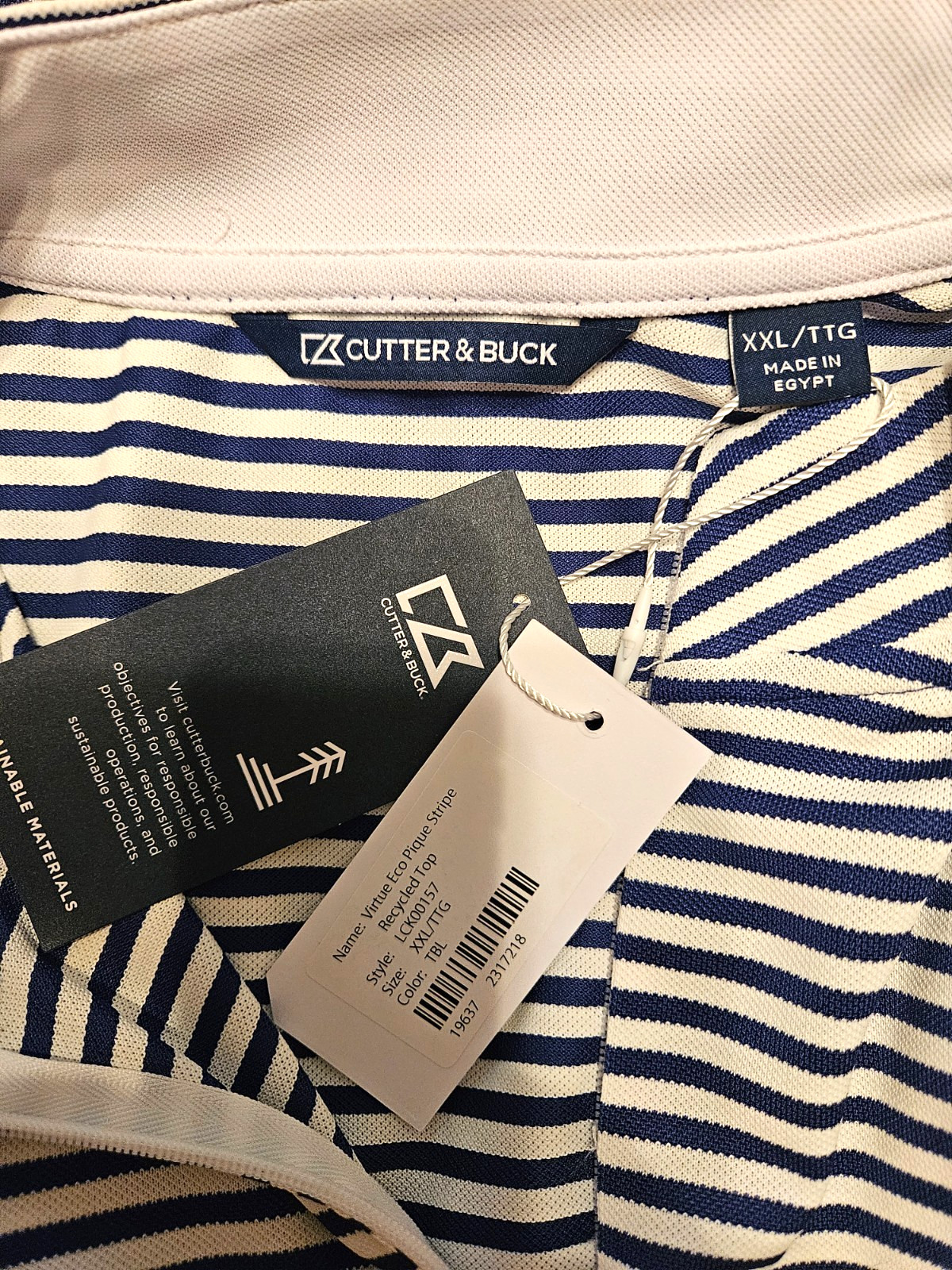 NWT! CUTTER & BUCK women’s size 2X Shirt Virtue Eco Pique Striped Top Blue White