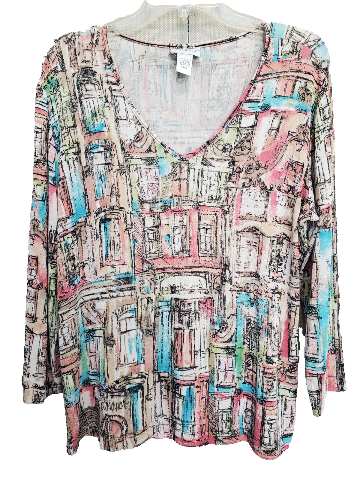 Chico’s Travelers Artsy Windows V-Neck 3/4 Sleeve Top Size 2 Large