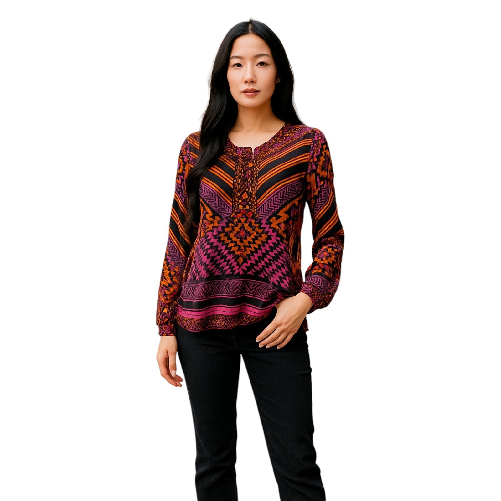Hale Bob X-Small Multi Color Print All Viscose Blouse Long Sleeves Tie Placard