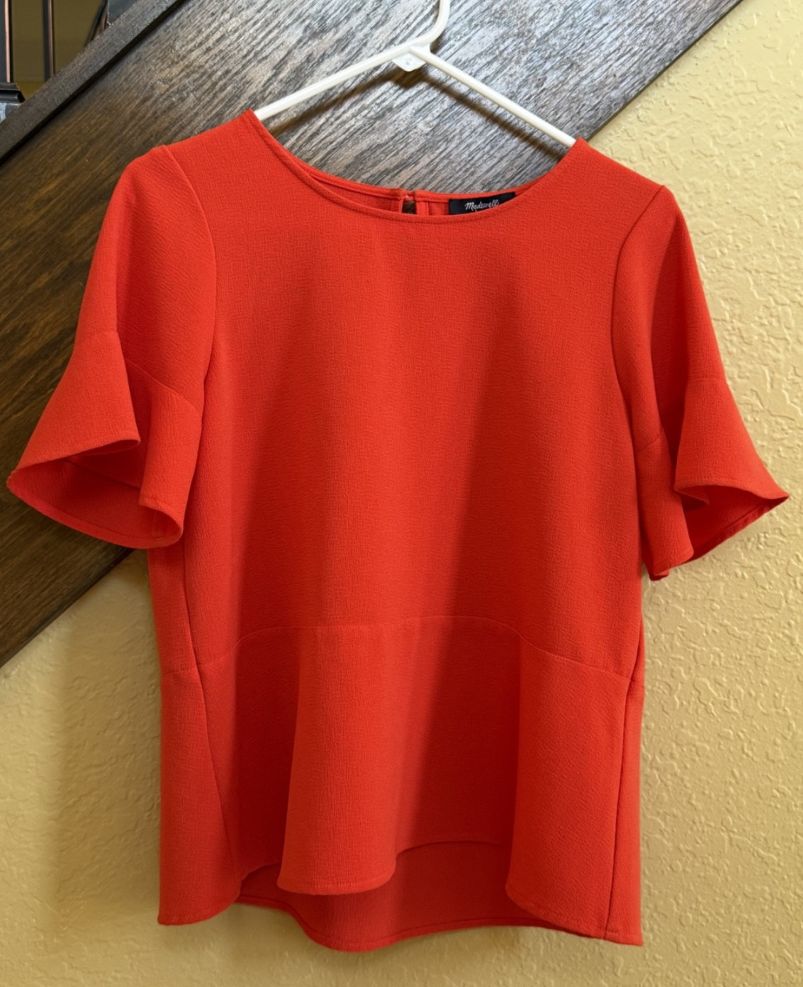 Madewell Flare Hem Top Poppy Orange Short Sleeve Texture Swing Blouse SIZE SMALL
