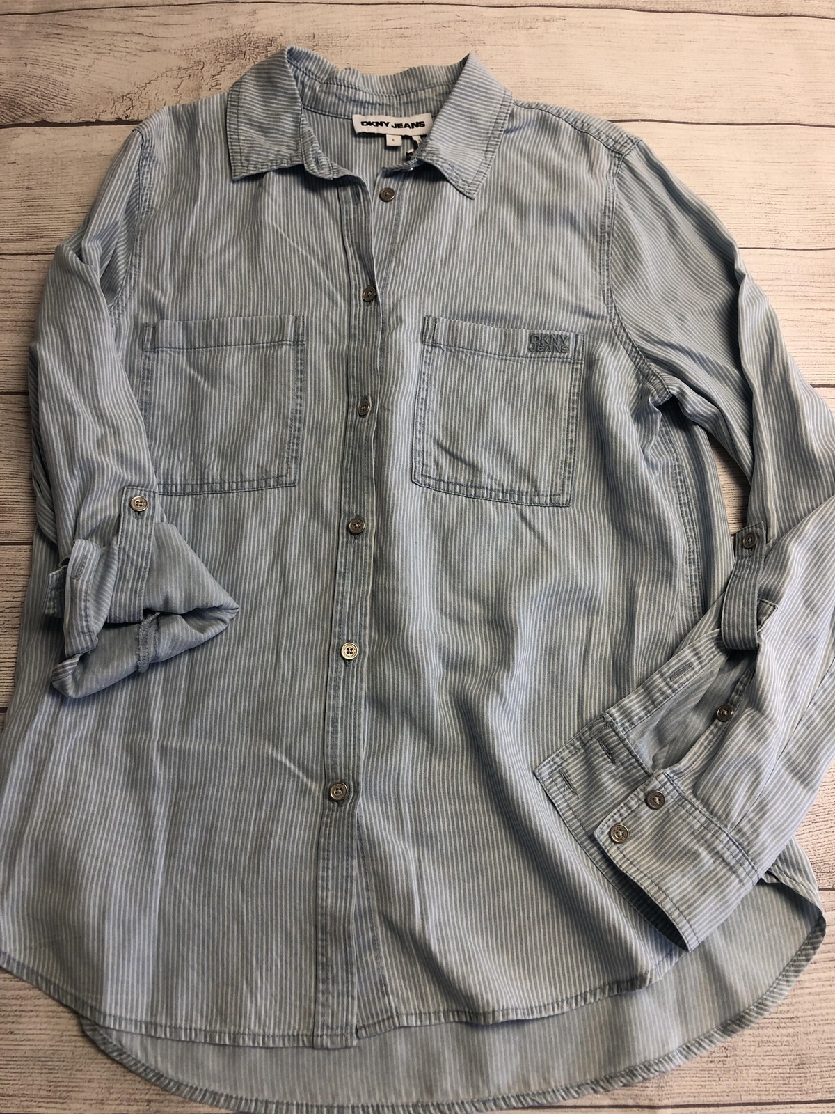 DKNY JEANS Button Up Shirt Womens Small Blue Striped Roll Tab Pocket Top