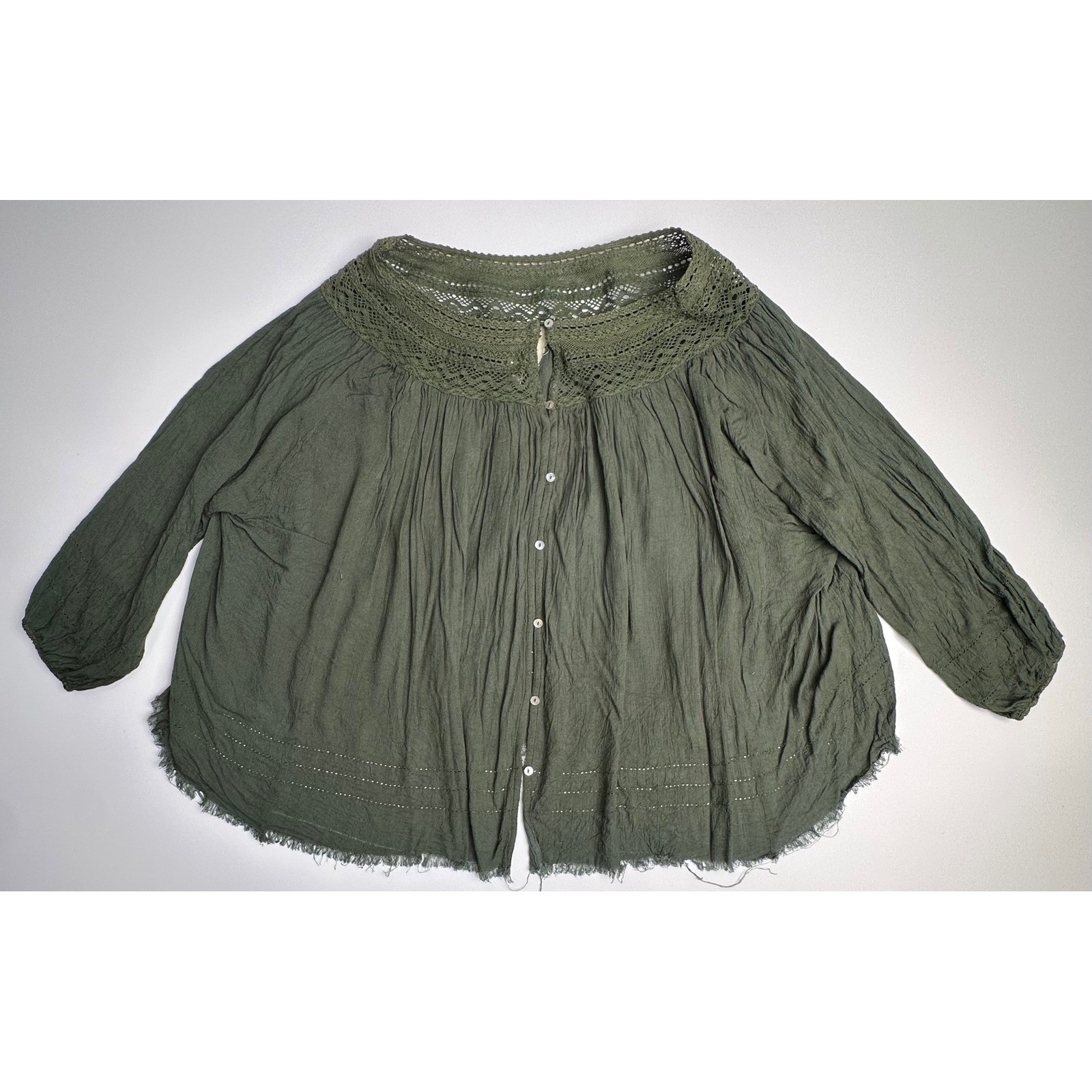 Free People FP One Crochet Lace Button Down Top Olive Green XS/S Boho Gauze