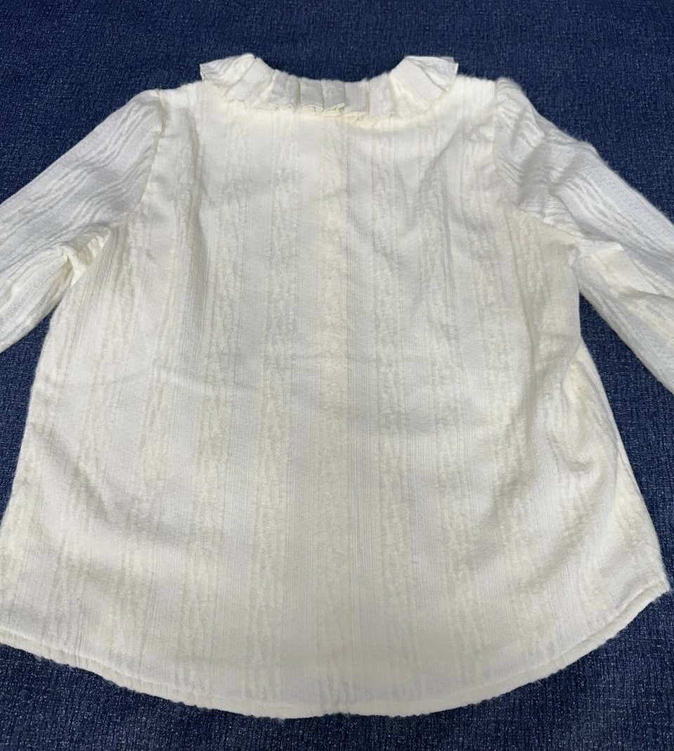 Miss Patina Ivory Textured Ruffle Collar Bow Button Puff Sleeve Blouse M/L
