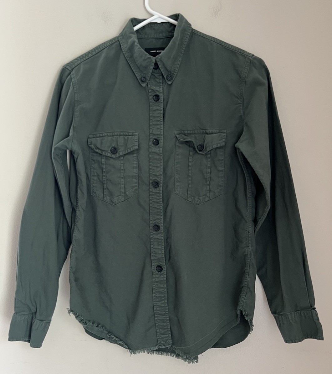 ISABEL MARANT Green Button Down Shirt Women’s 36/S /4 Frayed Raw Hem Collared