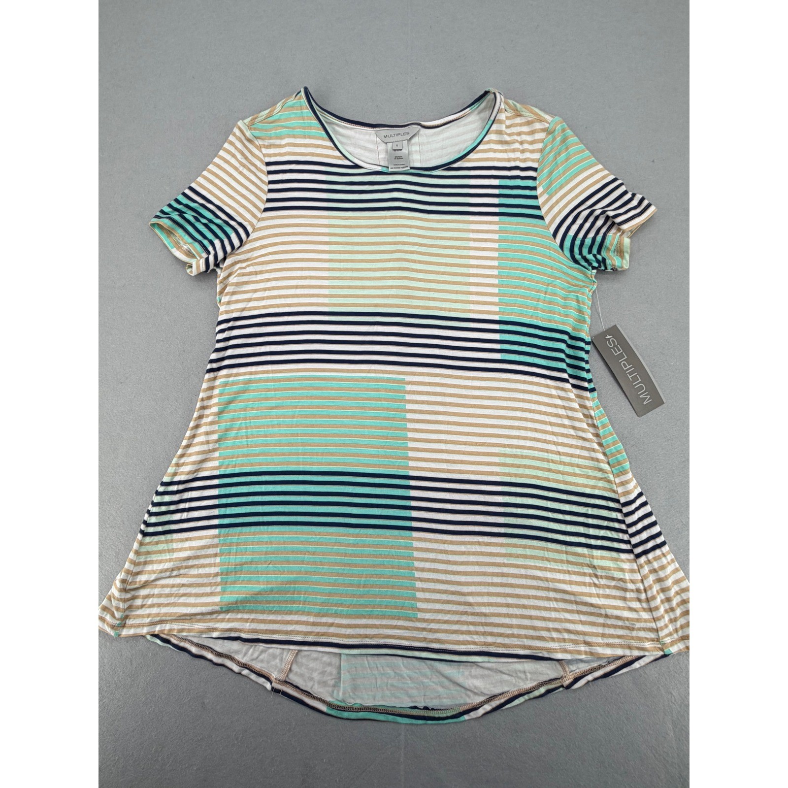 Multiples Womens Short Sleeve Striped Lace Up Back Top Mint Navy Tan Size S NWT