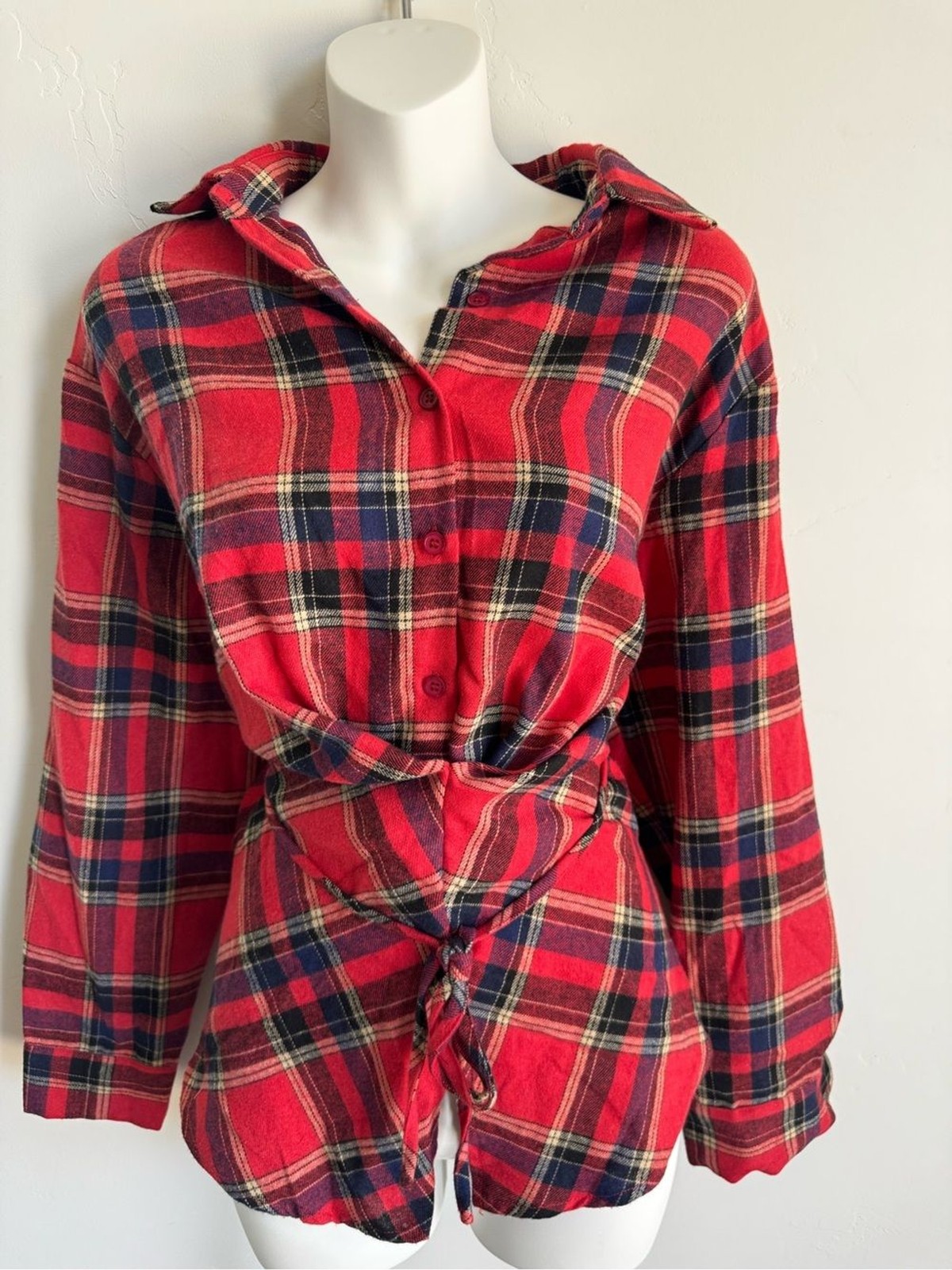 Womens Red Plaid Button-Front Tie-Waist Blouse Size S