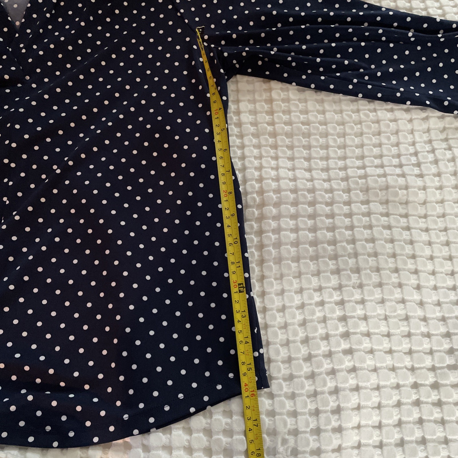 Charter Club Womens Top Size L Navy Blue Polka Dot 3/4 Sleeve V Neck Stretchy