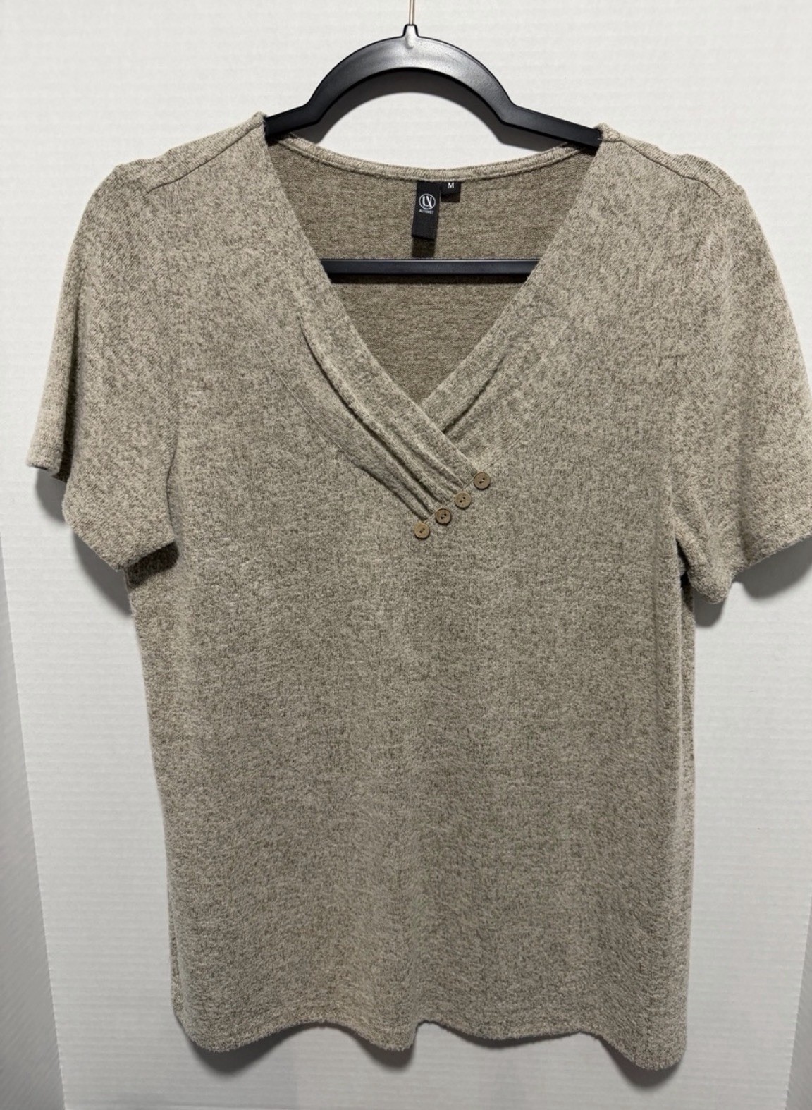 Soft V-Neck Short Sleeve Top with Button Trim – Taupe