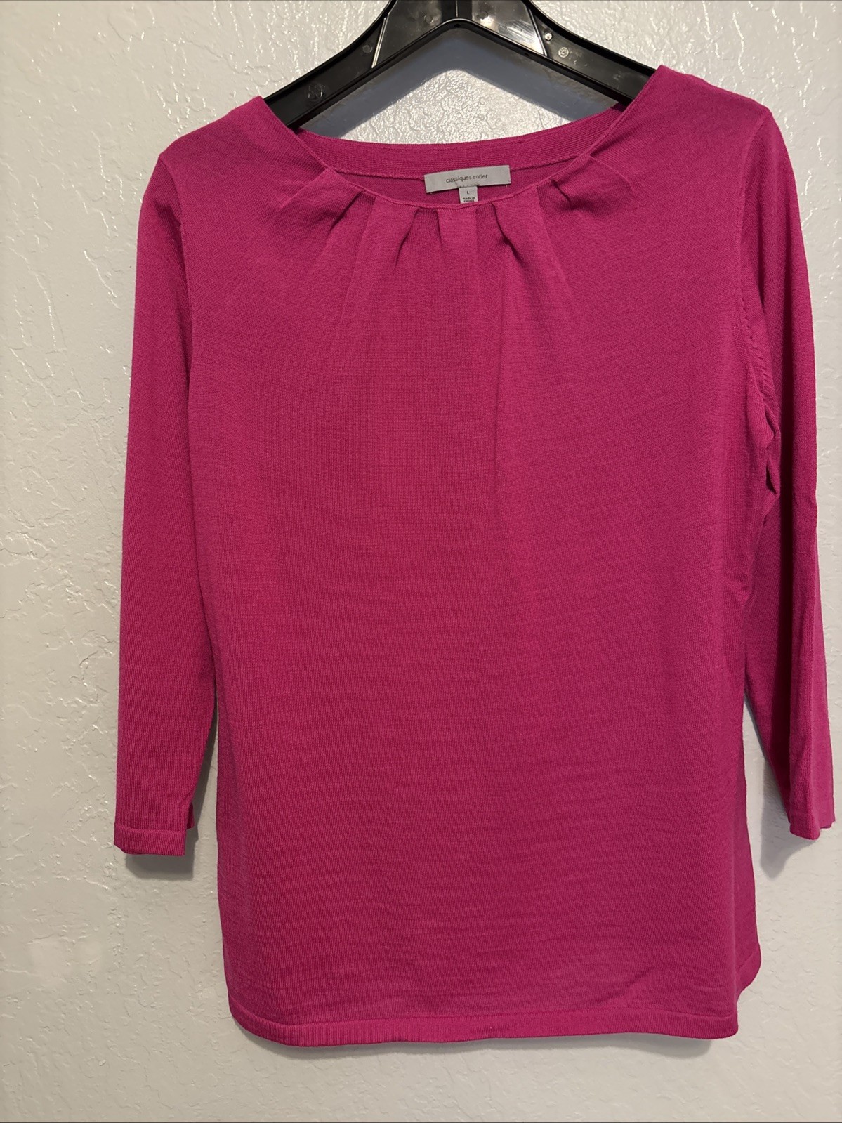 Classiques Entier Women’s Blouse Fuchsia Pink 3/4 Sleeve 100% Merino Wool