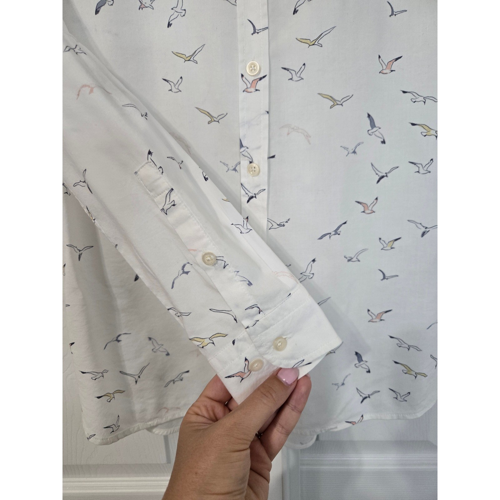 Barbour Relaxed Fit Seagull Print Button Down Shirt White Long Sleeve Women 4