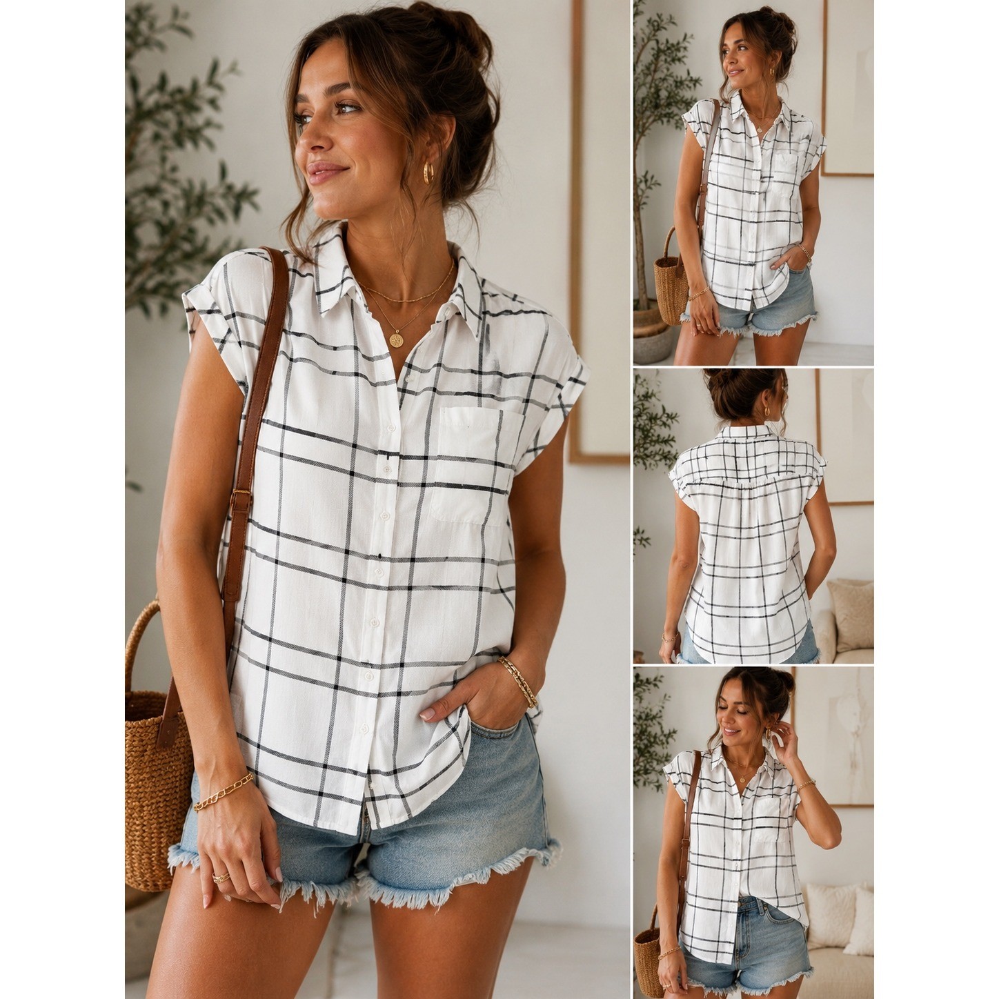 Japna Womens White Black Windowpane Plaid Short Sleeve Shirt Small NWT