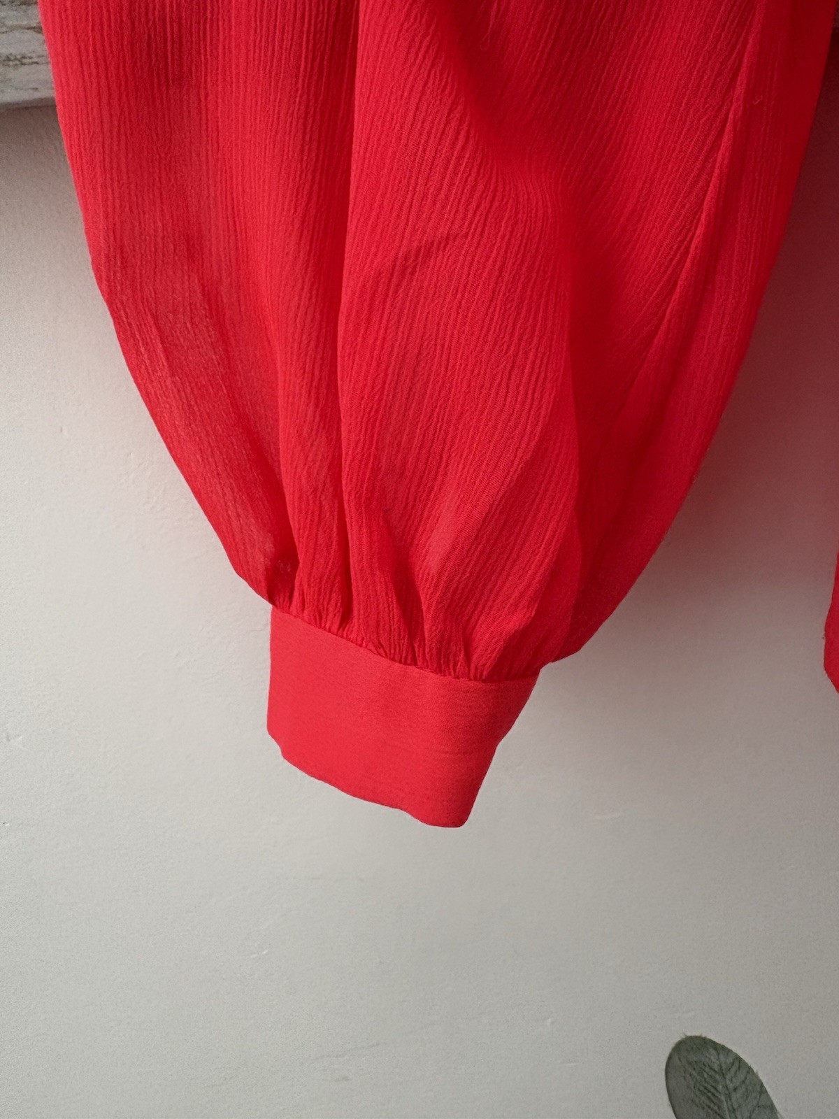 H&M Bright Red Chiffon Blouse Size EUR 34 UK 6 / 8 Long Puff Sleeve Smock Top