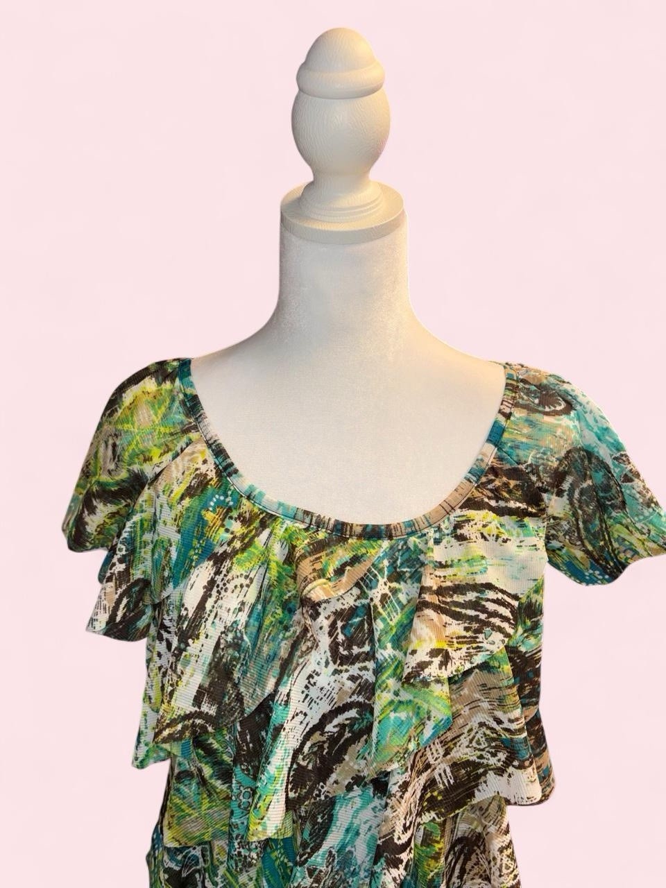 AB Studio Multicolor Abstract Ruffle Scoop Neck Chiffon Blouse Size S